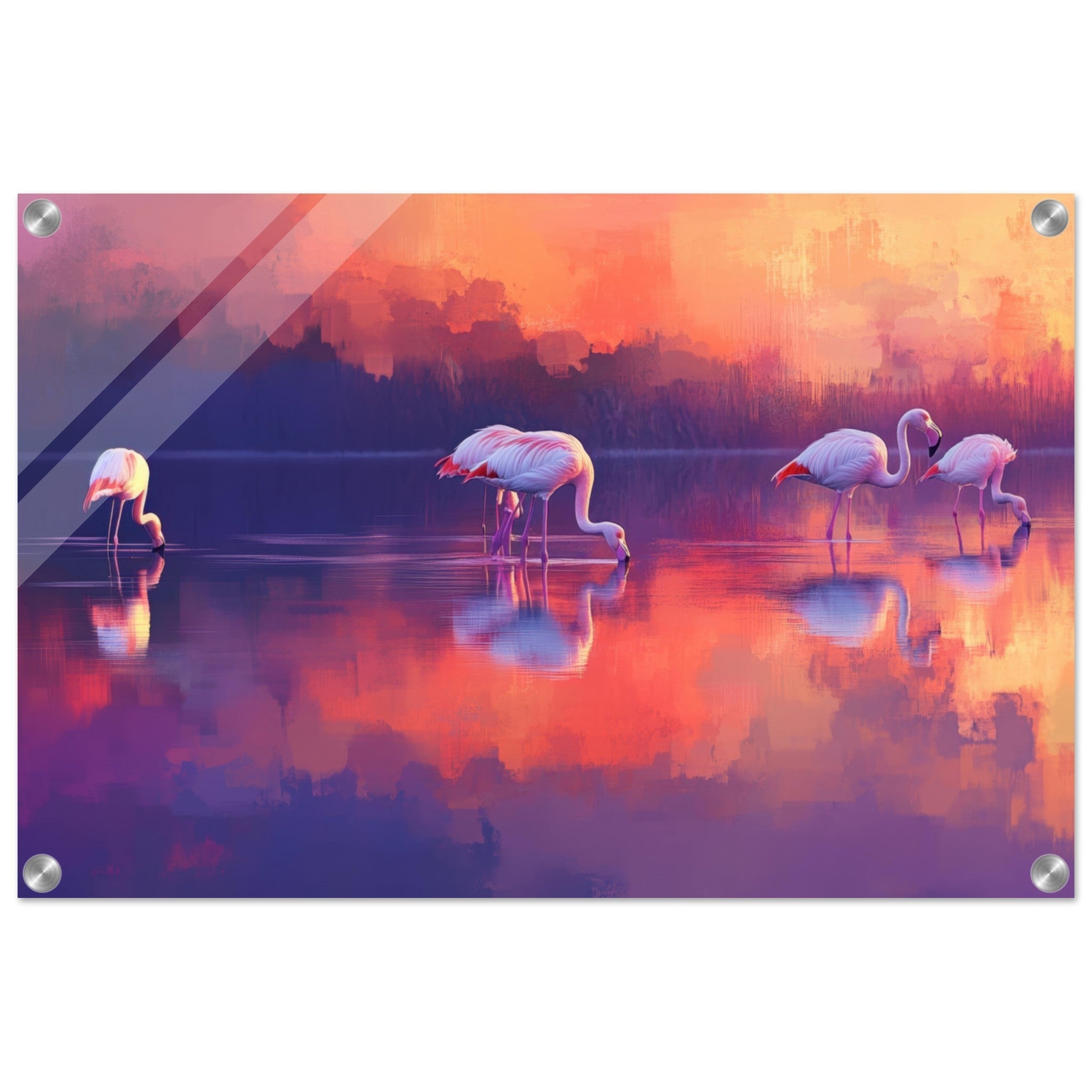 Acrylic Print Landscape - Surreal Flamingo Lake at Sunset Graceful flaming 2 - Shop Ai Art WebShop - Digital Art online Store