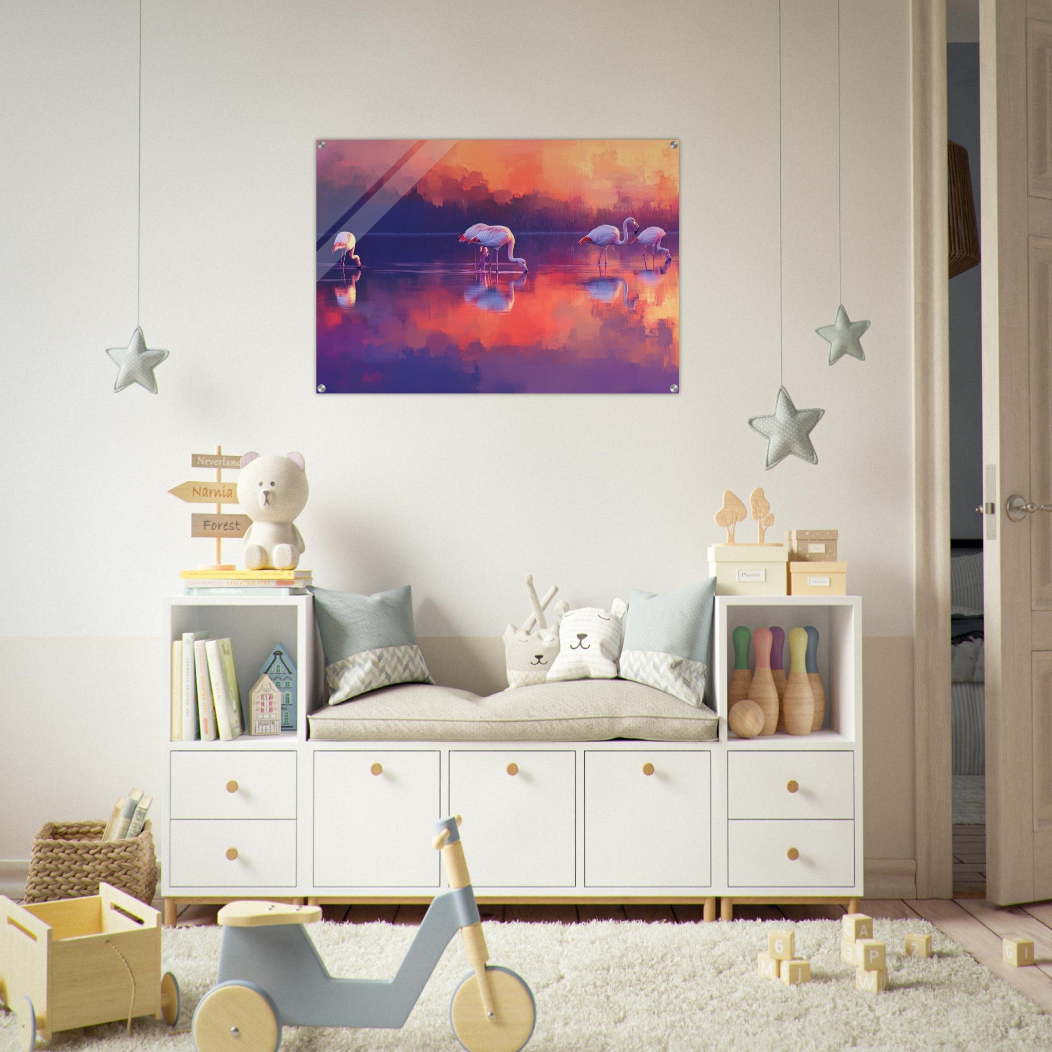 Acrylic Print Landscape - Surreal Flamingo Lake at Sunset Graceful flaming 2 - Shop Ai Art WebShop - Digital Art online Store