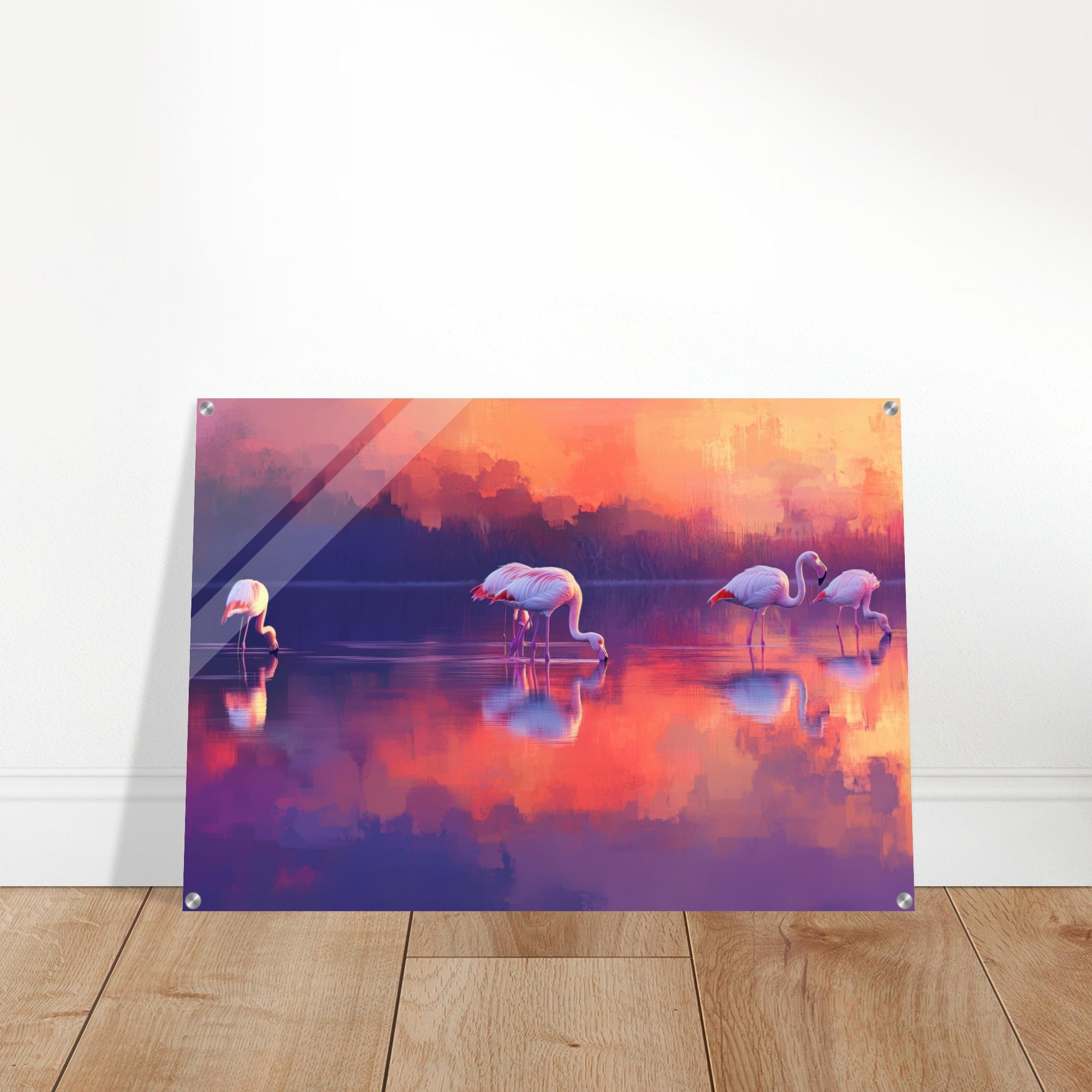 Acrylic Print Landscape - Surreal Flamingo Lake at Sunset Graceful flaming 2 - Shop Ai Art WebShop - Digital Art online Store