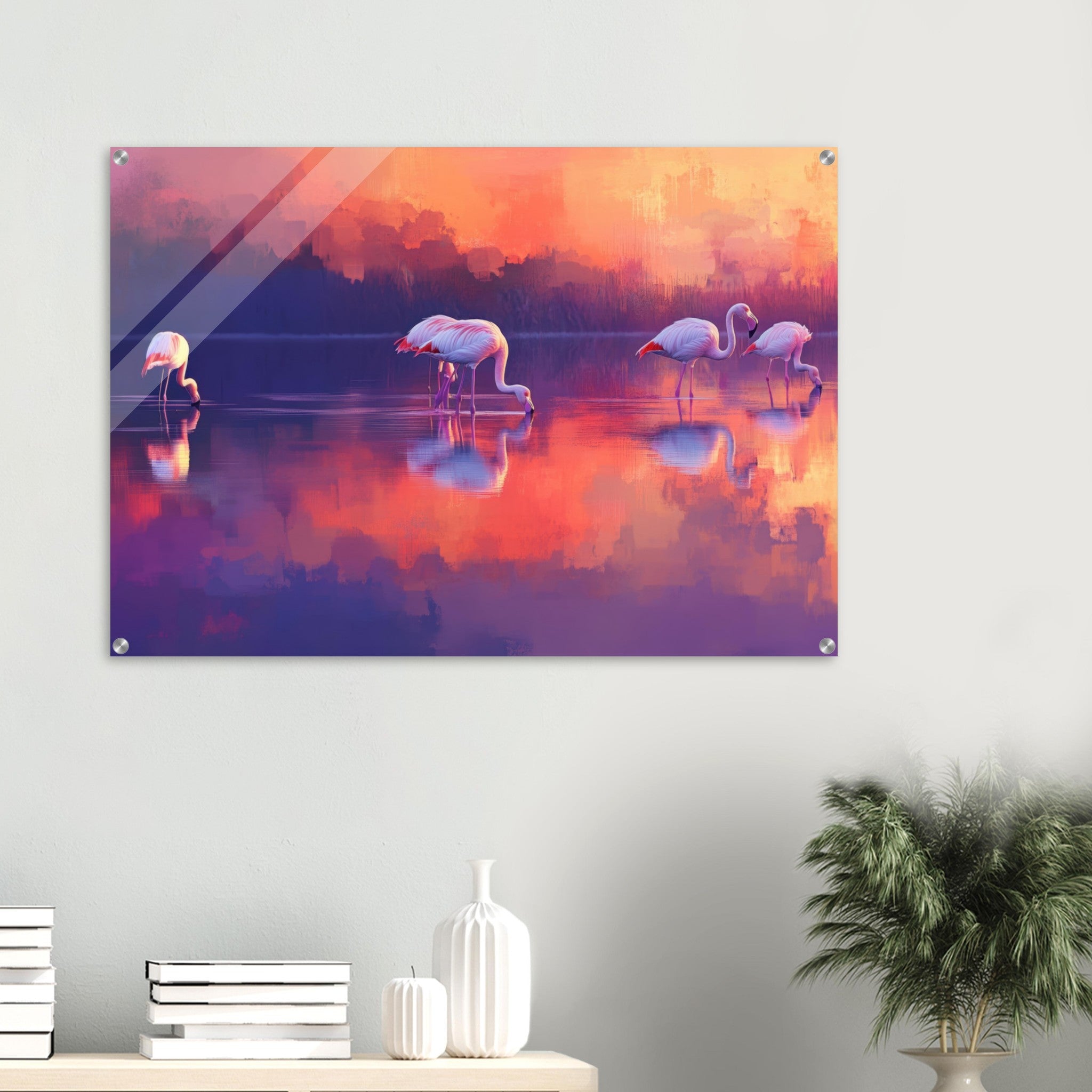 Acrylic Print Landscape - Surreal Flamingo Lake at Sunset Graceful flaming 2 - Shop Ai Art WebShop - Digital Art online Store