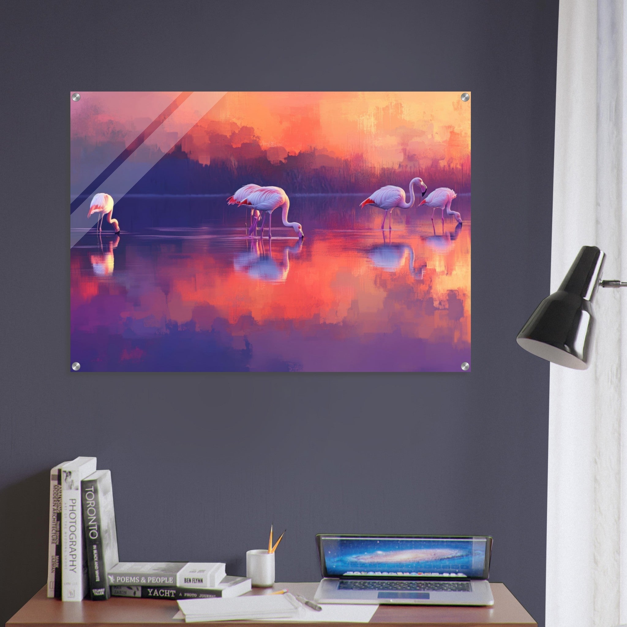 Acrylic Print Landscape - Surreal Flamingo Lake at Sunset Graceful flaming 2 - Shop Ai Art WebShop - Digital Art online Store