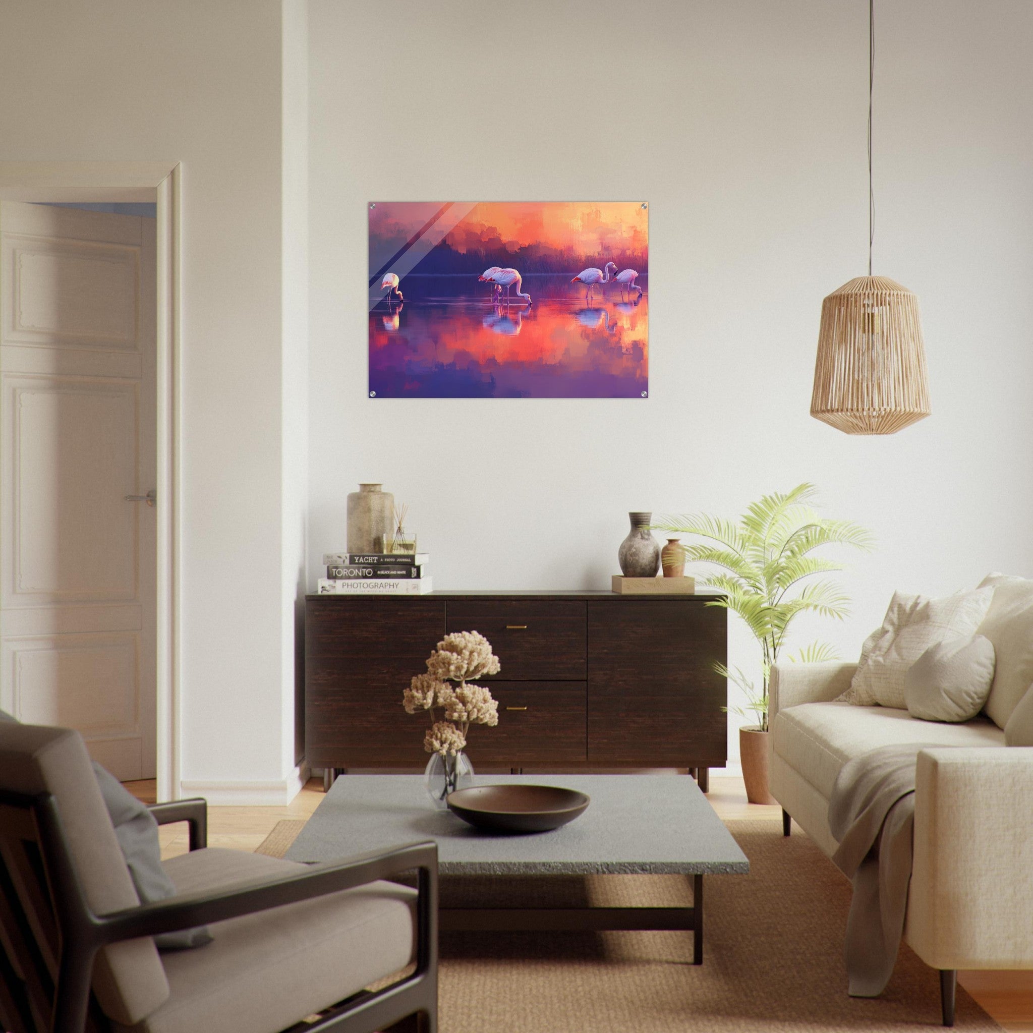 Acrylic Print Landscape - Surreal Flamingo Lake at Sunset Graceful flaming 2 - Shop Ai Art WebShop - Digital Art online Store