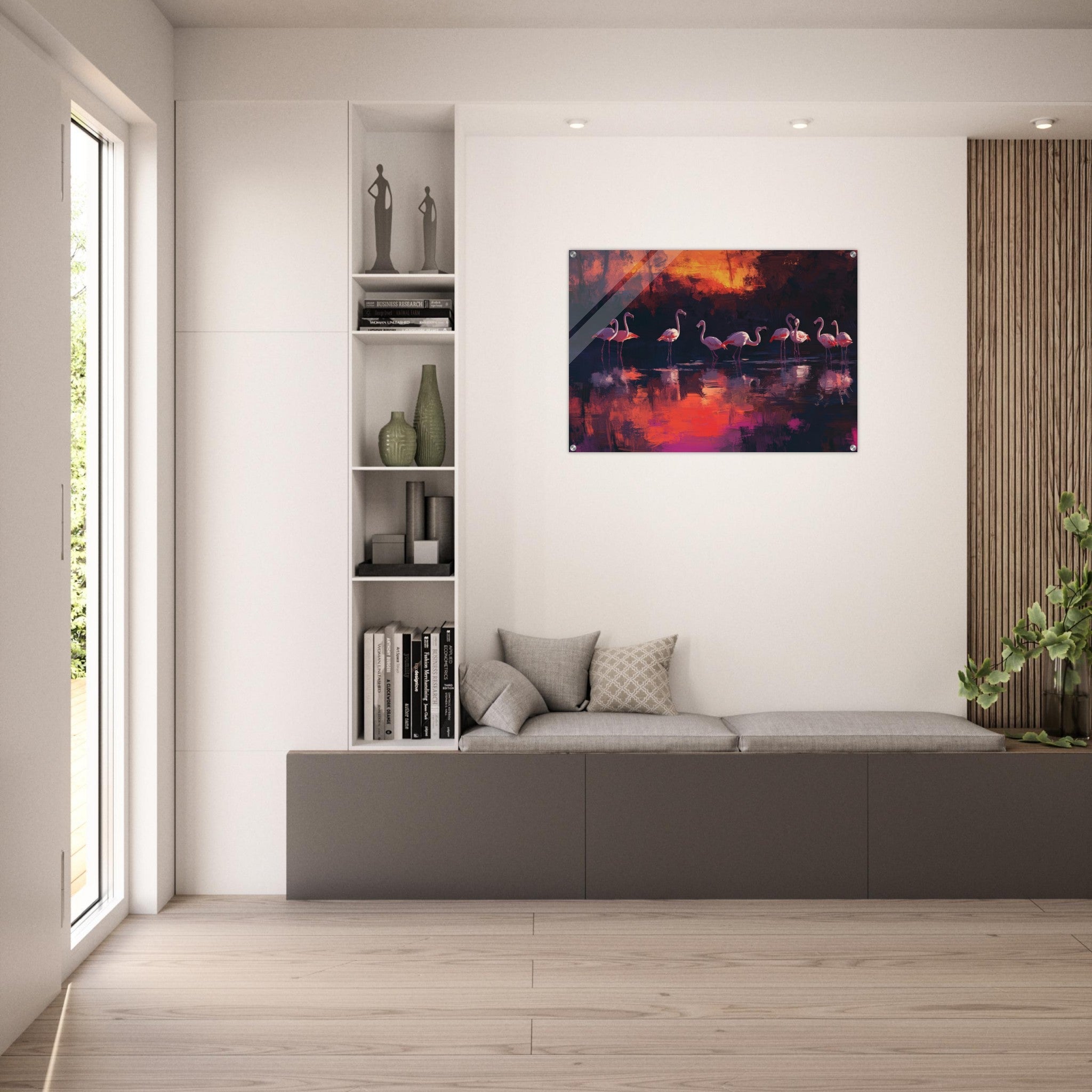 Acrylic Print Landscape - Surreal Flamingo Lake at Sunset Graceful flaming - Shop Ai Art WebShop - Digital Art online Store