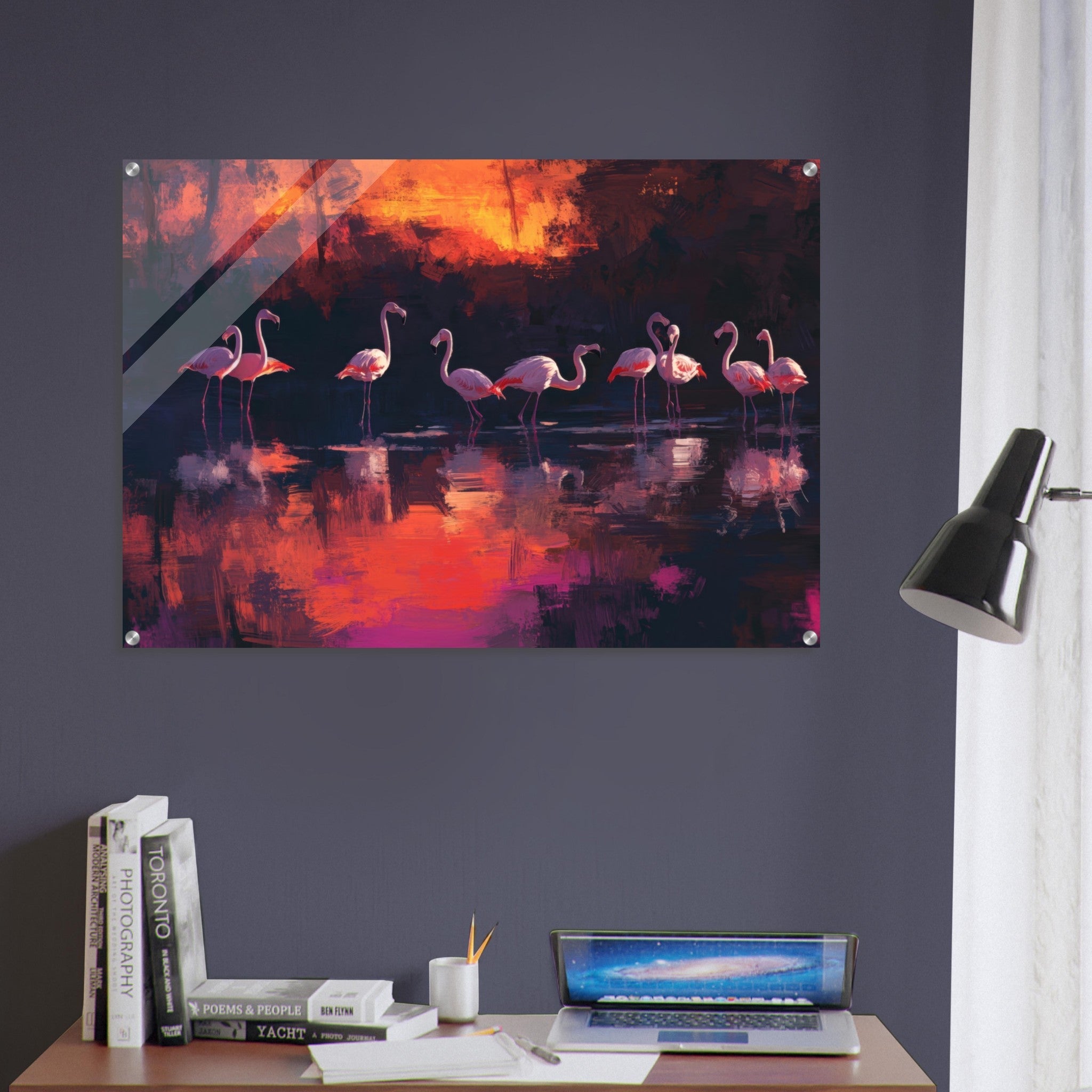 Acrylic Print Landscape - Surreal Flamingo Lake at Sunset Graceful flaming - Shop Ai Art WebShop - Digital Art online Store