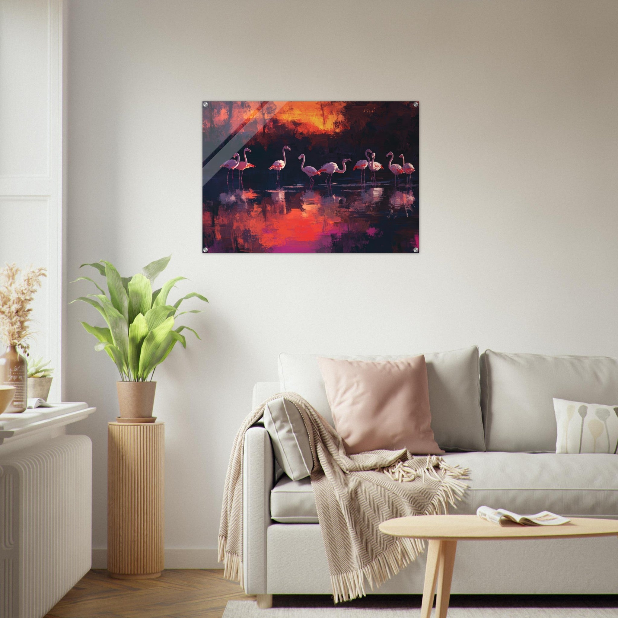 Acrylic Print Landscape - Surreal Flamingo Lake at Sunset Graceful flaming - Shop Ai Art WebShop - Digital Art online Store