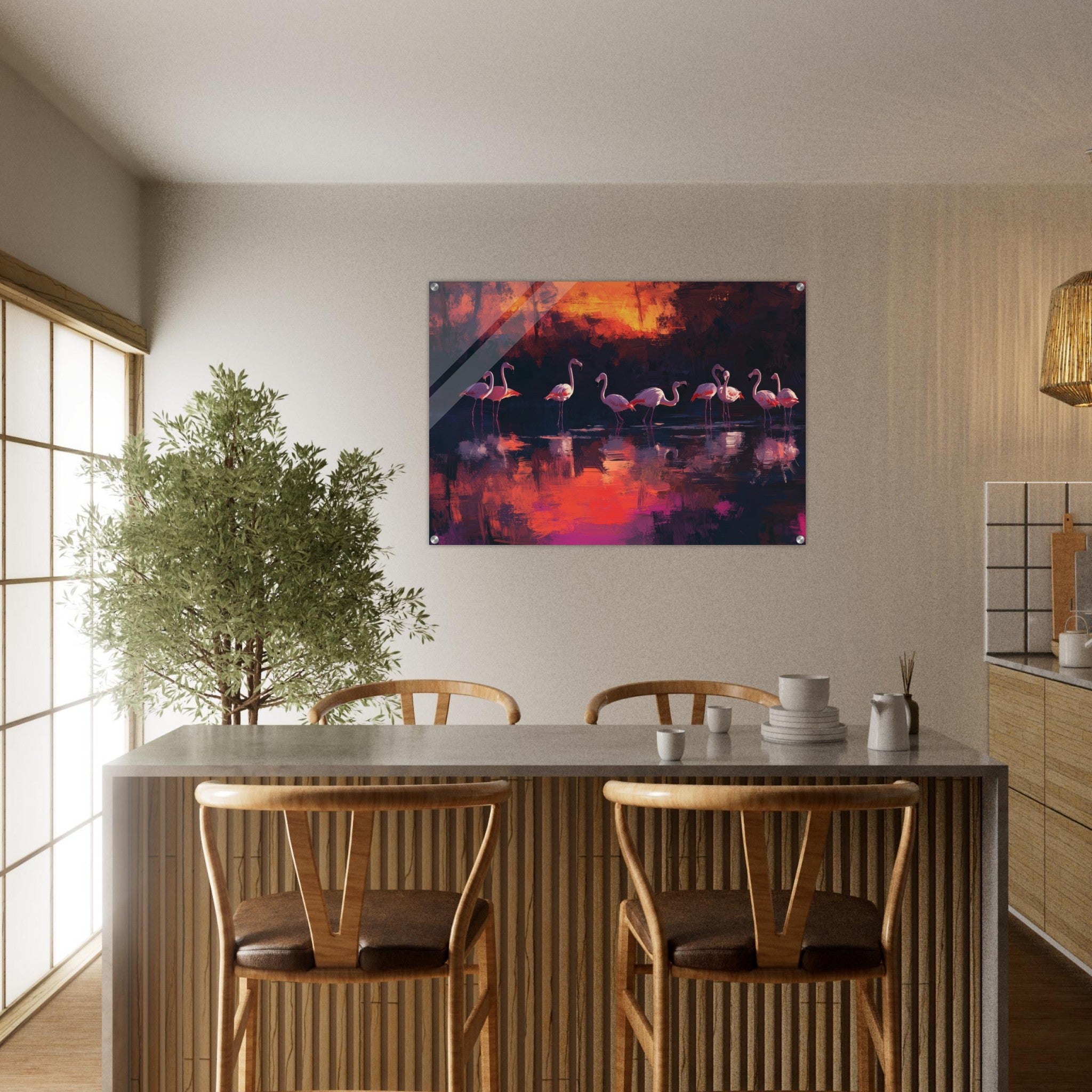 Acrylic Print Landscape - Surreal Flamingo Lake at Sunset Graceful flaming - Shop Ai Art WebShop - Digital Art online Store