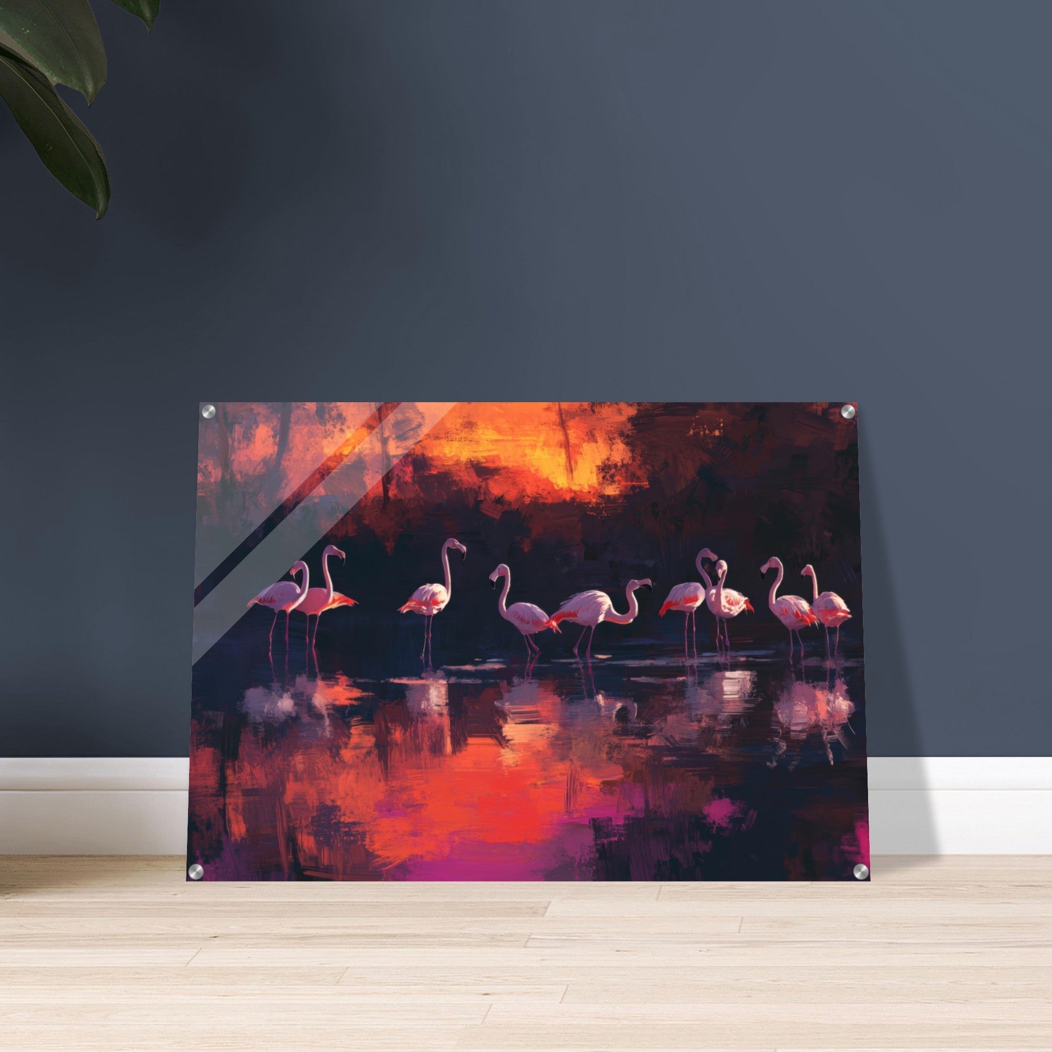 Acrylic Print Landscape - Surreal Flamingo Lake at Sunset Graceful flaming - Shop Ai Art WebShop - Digital Art online Store