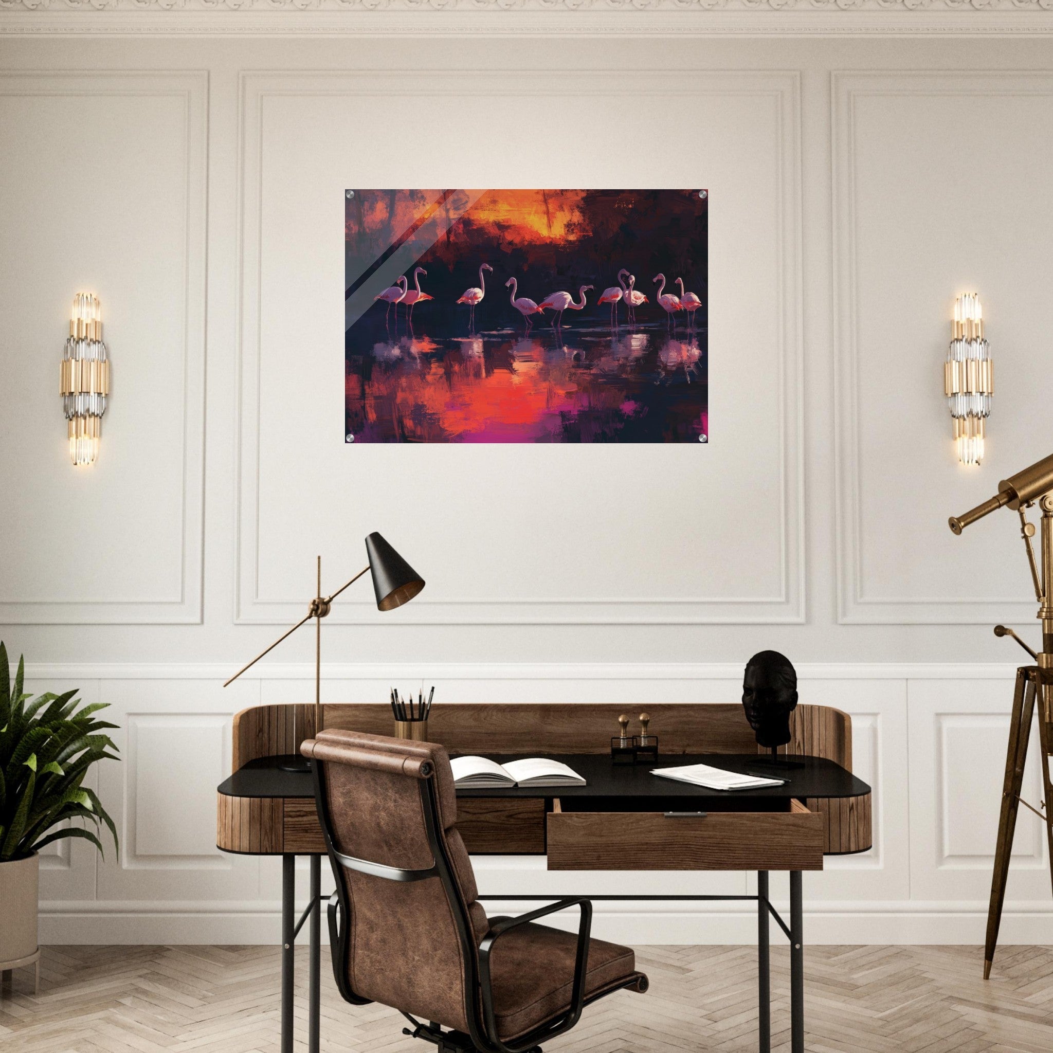 Acrylic Print Landscape - Surreal Flamingo Lake at Sunset Graceful flaming - Shop Ai Art WebShop - Digital Art online Store