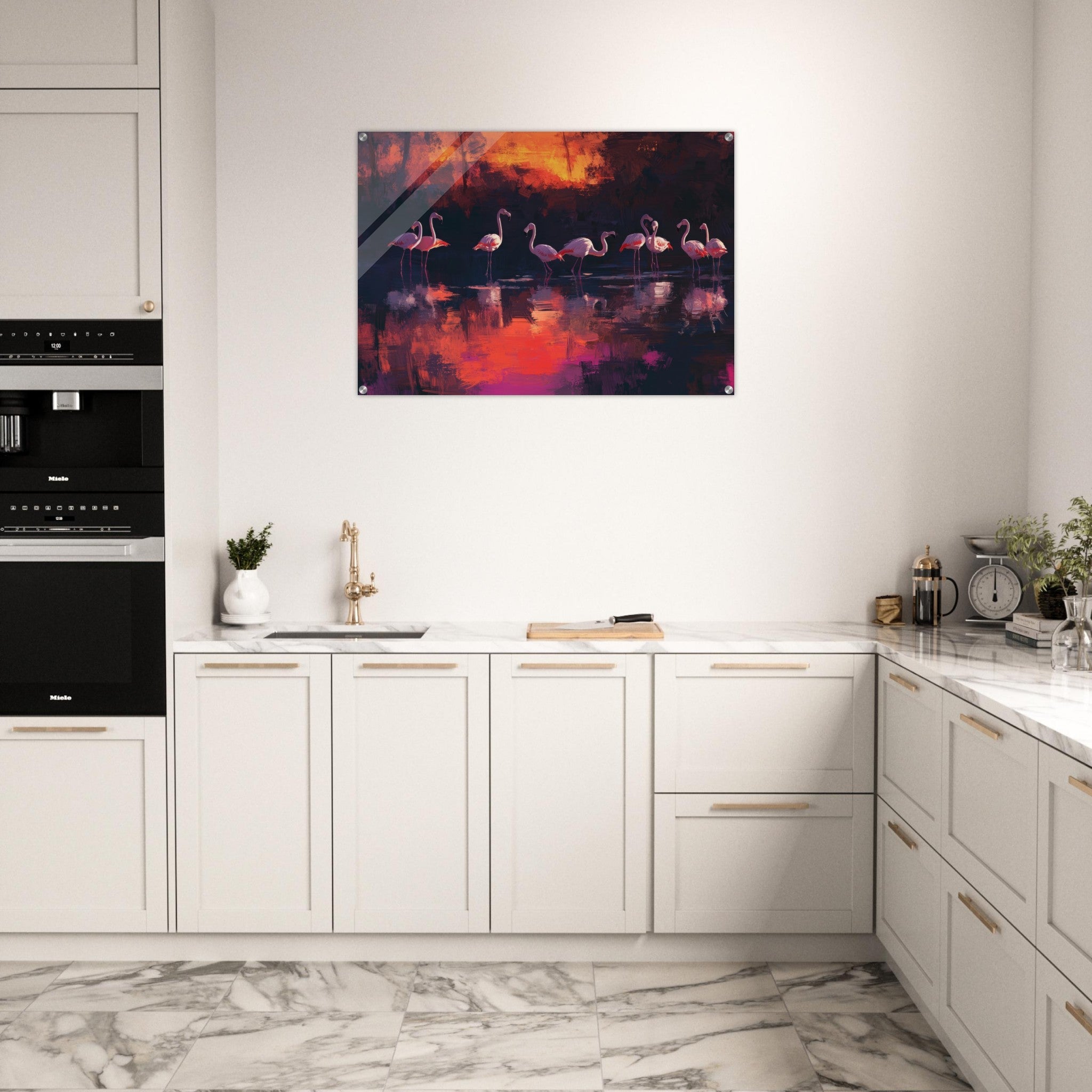 Acrylic Print Landscape - Surreal Flamingo Lake at Sunset Graceful flaming - Shop Ai Art WebShop - Digital Art online Store