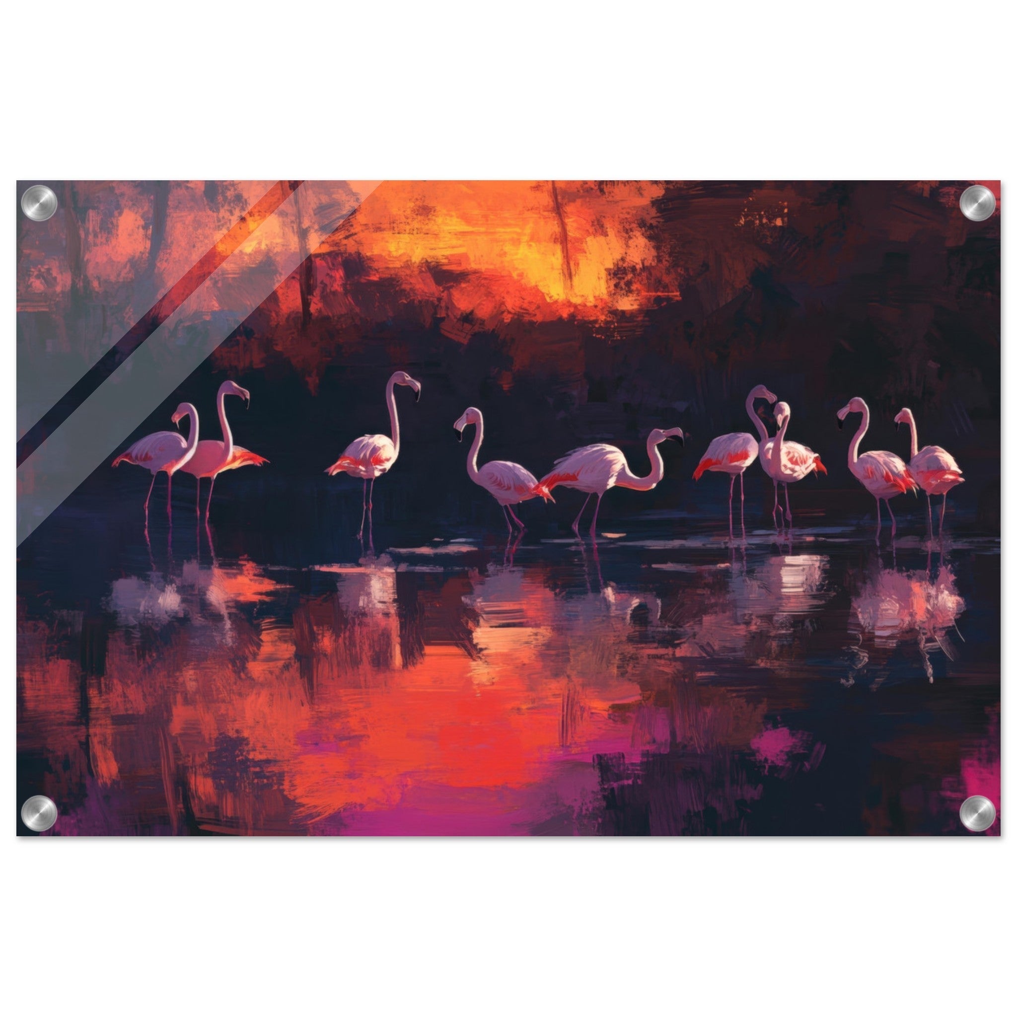 Acrylic Print Landscape - Surreal Flamingo Lake at Sunset Graceful flaming - Shop Ai Art WebShop - Digital Art online Store