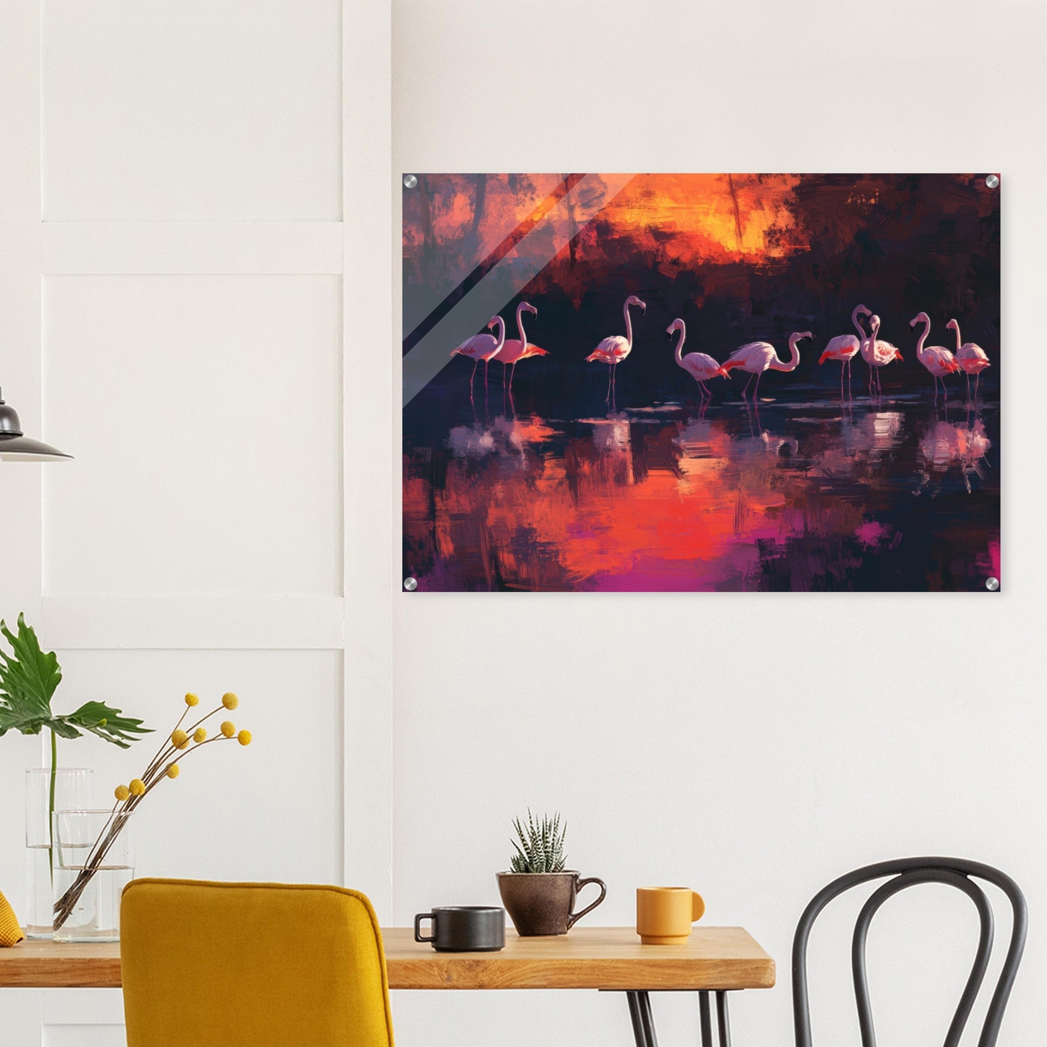 Acrylic Print Landscape - Surreal Flamingo Lake at Sunset Graceful flaming - Shop Ai Art WebShop - Digital Art online Store