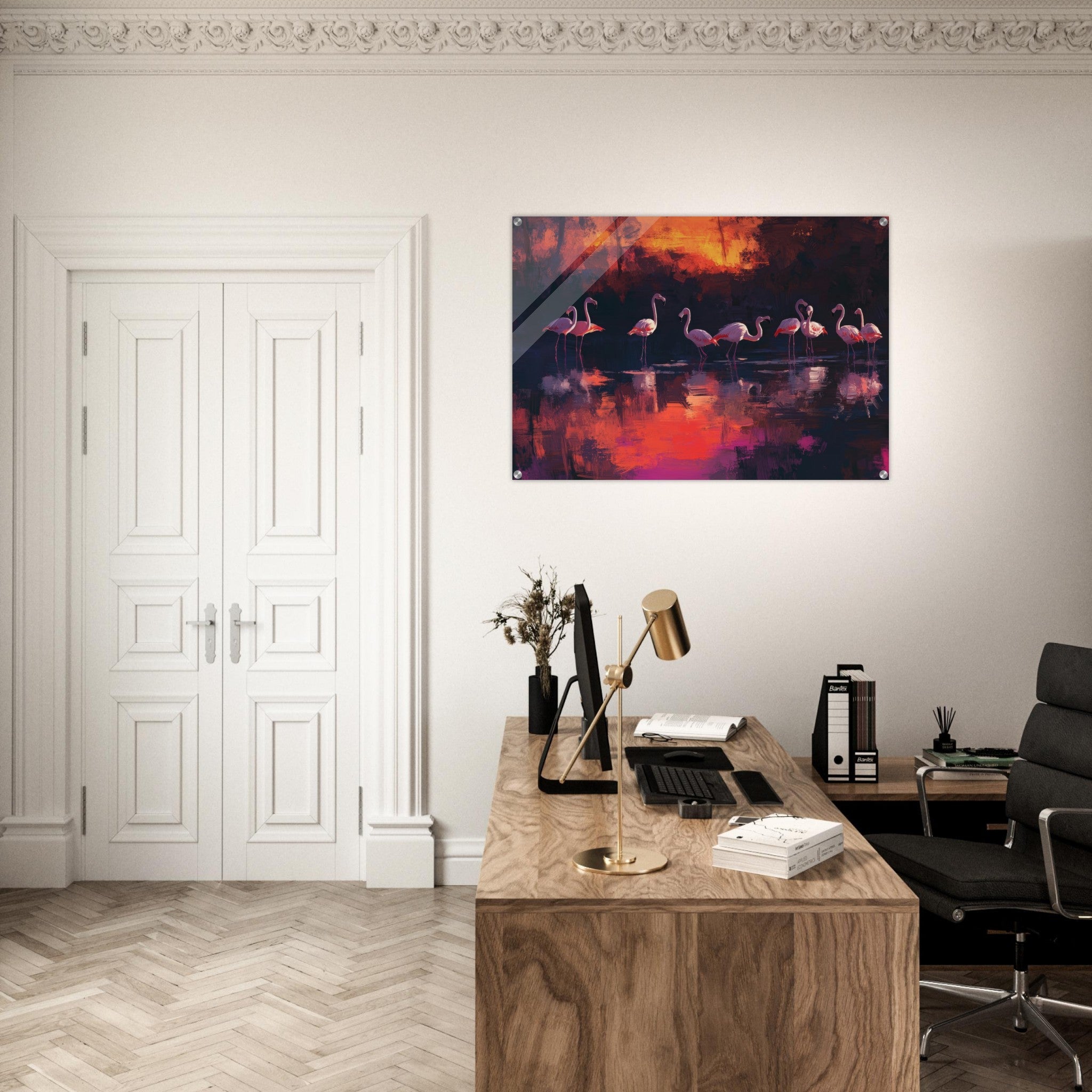 Acrylic Print Landscape - Surreal Flamingo Lake at Sunset Graceful flaming - Shop Ai Art WebShop - Digital Art online Store