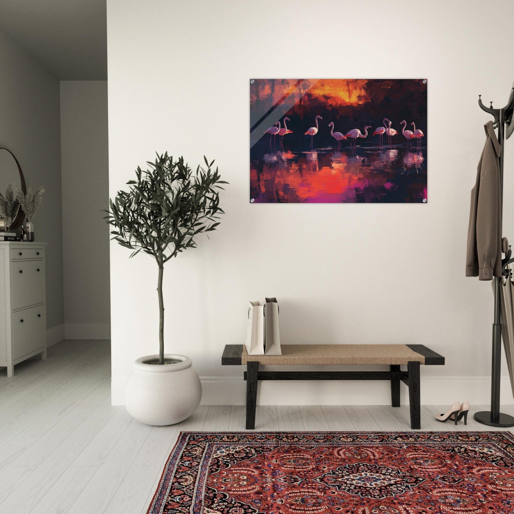 Acrylic Print Landscape - Surreal Flamingo Lake at Sunset Graceful flaming - Shop Ai Art WebShop - Digital Art online Store