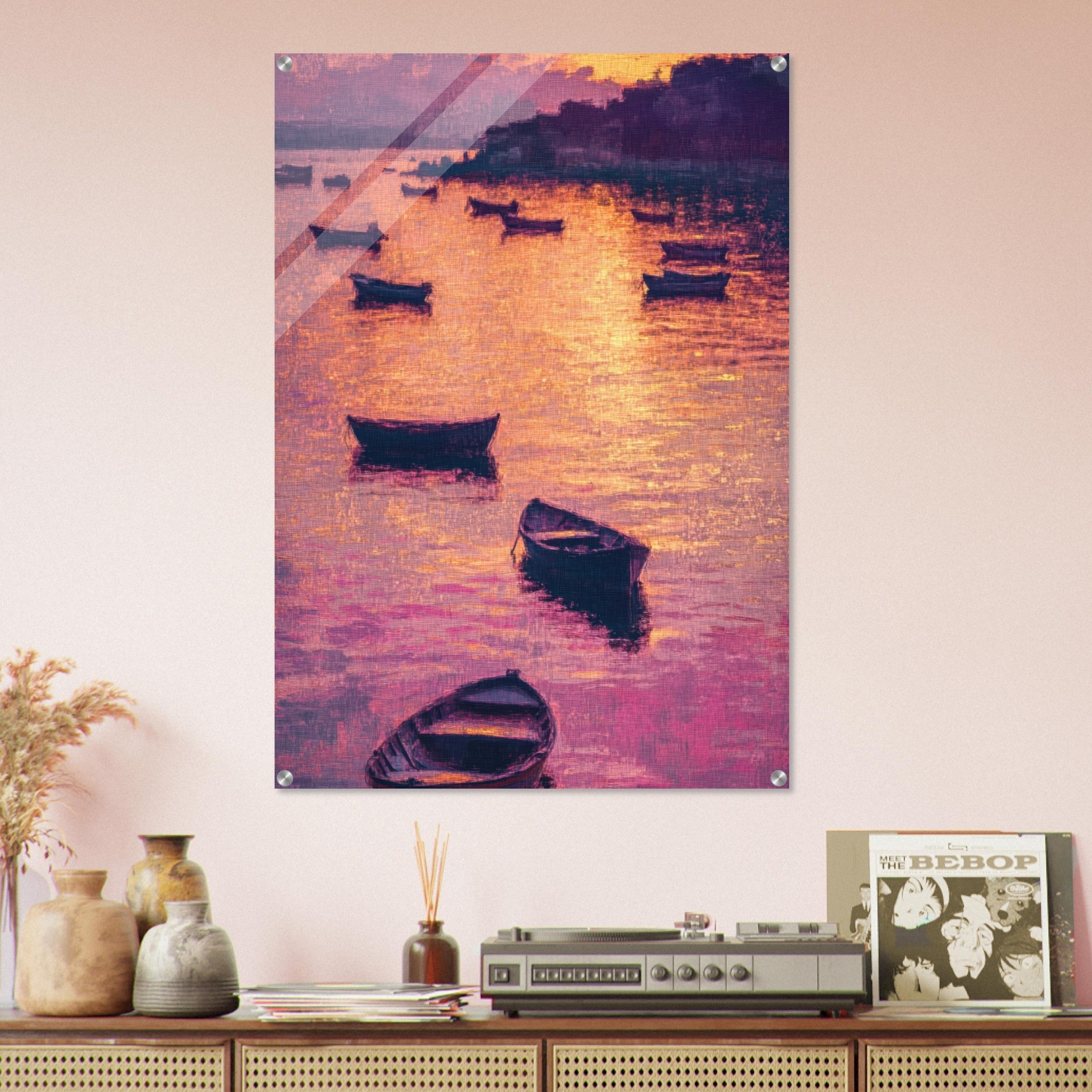 Acrylic Print Portrait - Boats at Dusk A harbor filled with gently rocky - Ai Art Force