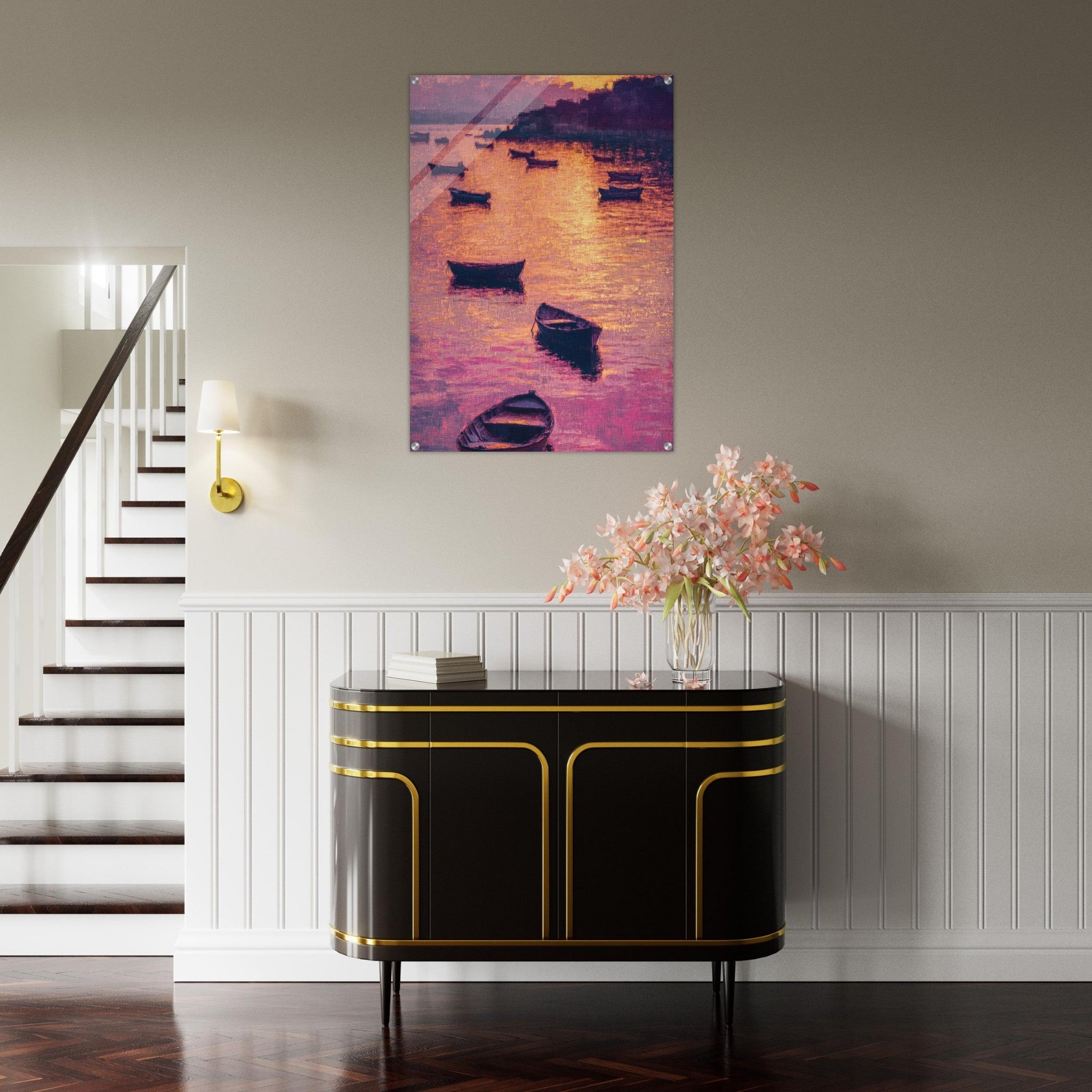 Acrylic Print Portrait - Boats at Dusk A harbor filled with gently rocky - Ai Art Force