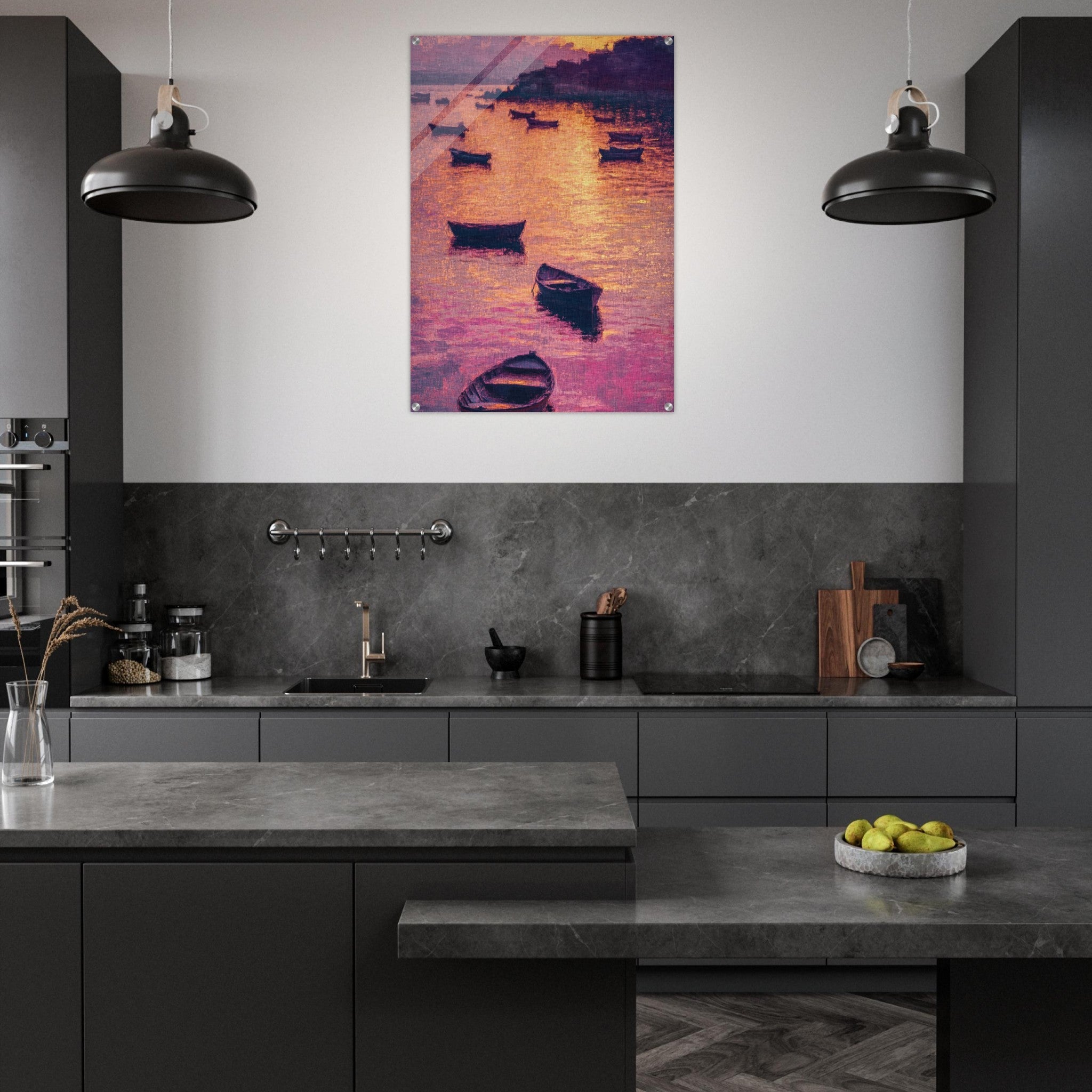 Acrylic Print Portrait - Boats at Dusk A harbor filled with gently rocky - Ai Art Force