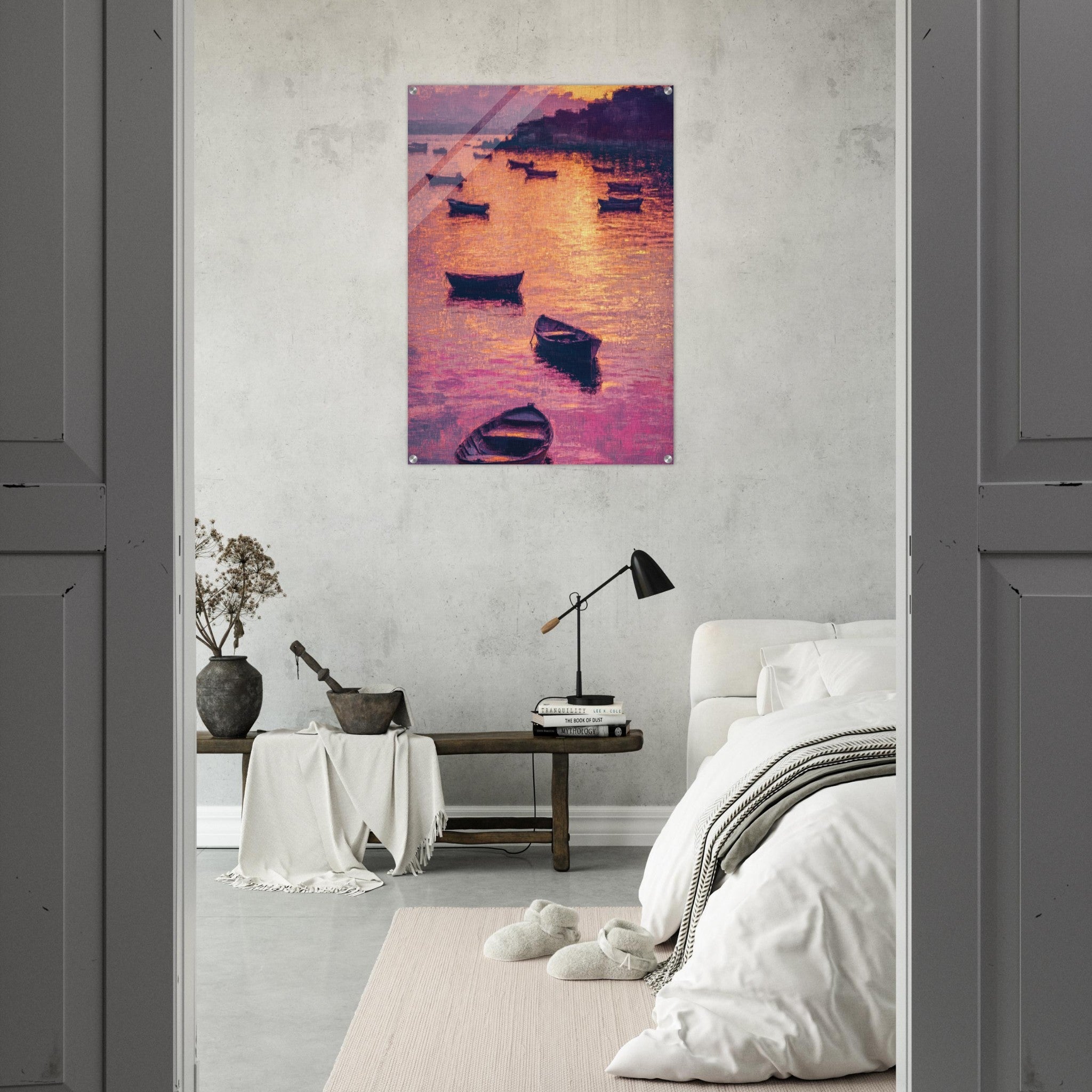 Acrylic Print Portrait - Boats at Dusk A harbor filled with gently rocky - Ai Art Force