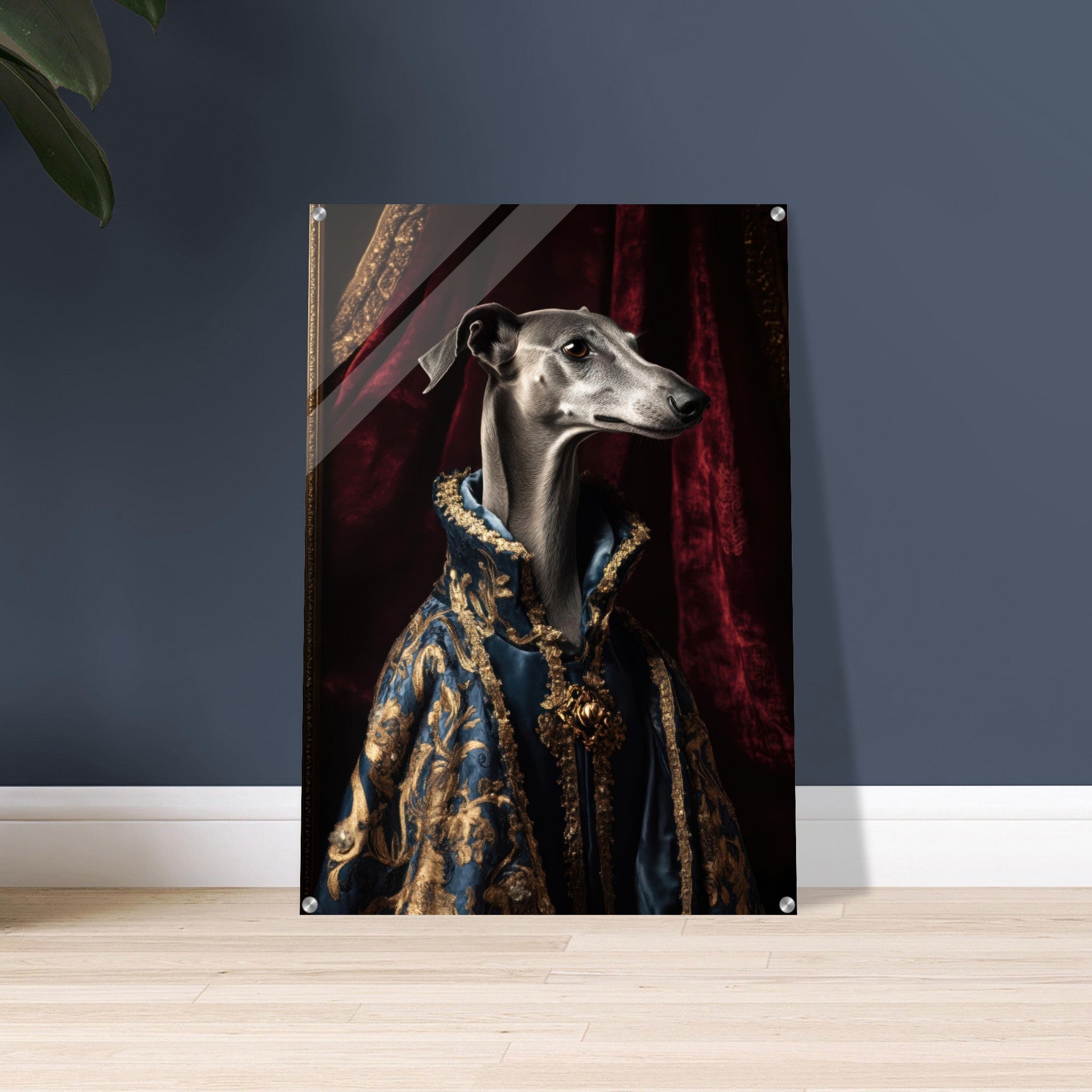 Acrylic Print Portrait - Elegant Baroque Greyhound Portrait A sleek grey 2 - Ai Art Force