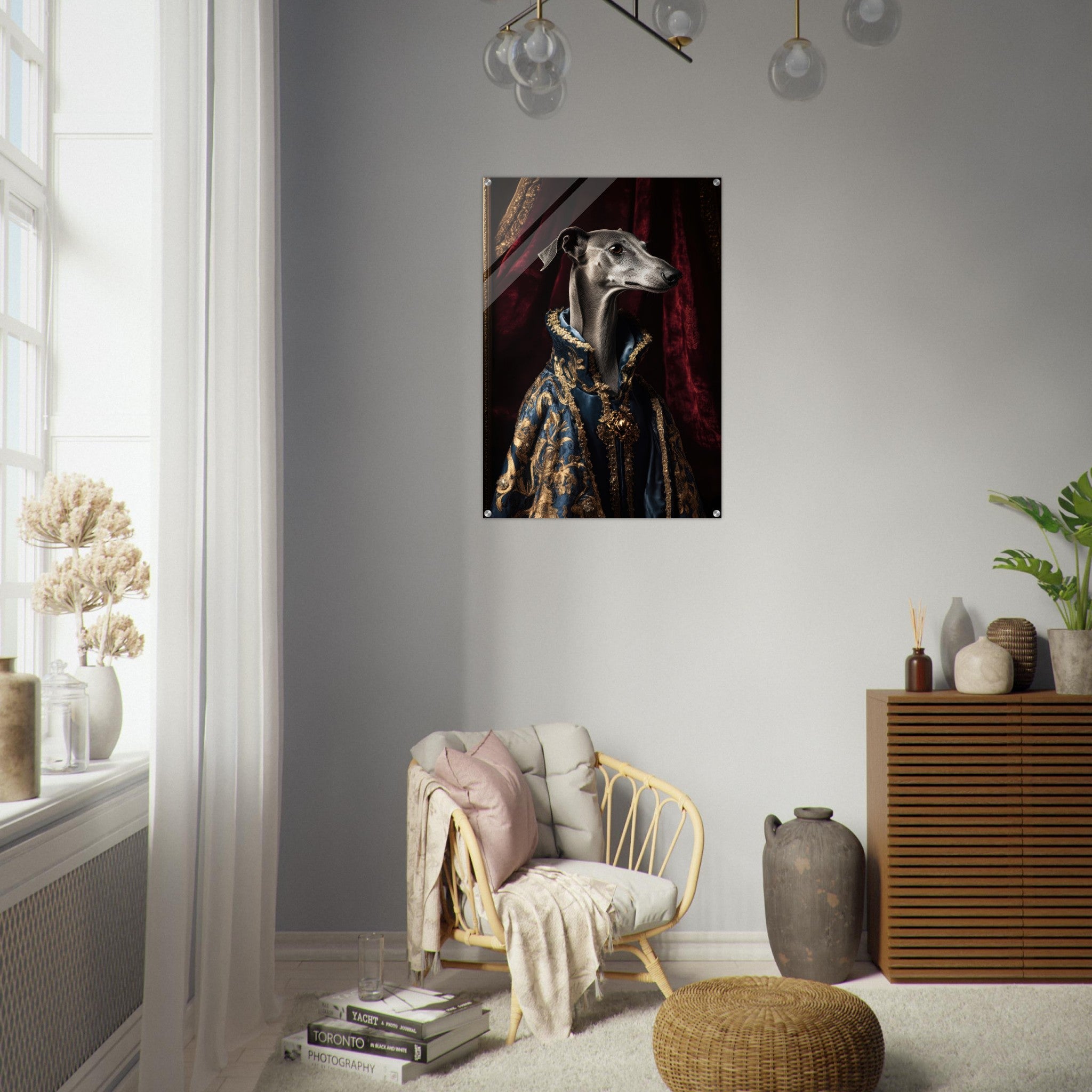 Acrylic Print Portrait - Elegant Baroque Greyhound Portrait A sleek grey 2 - Ai Art Force