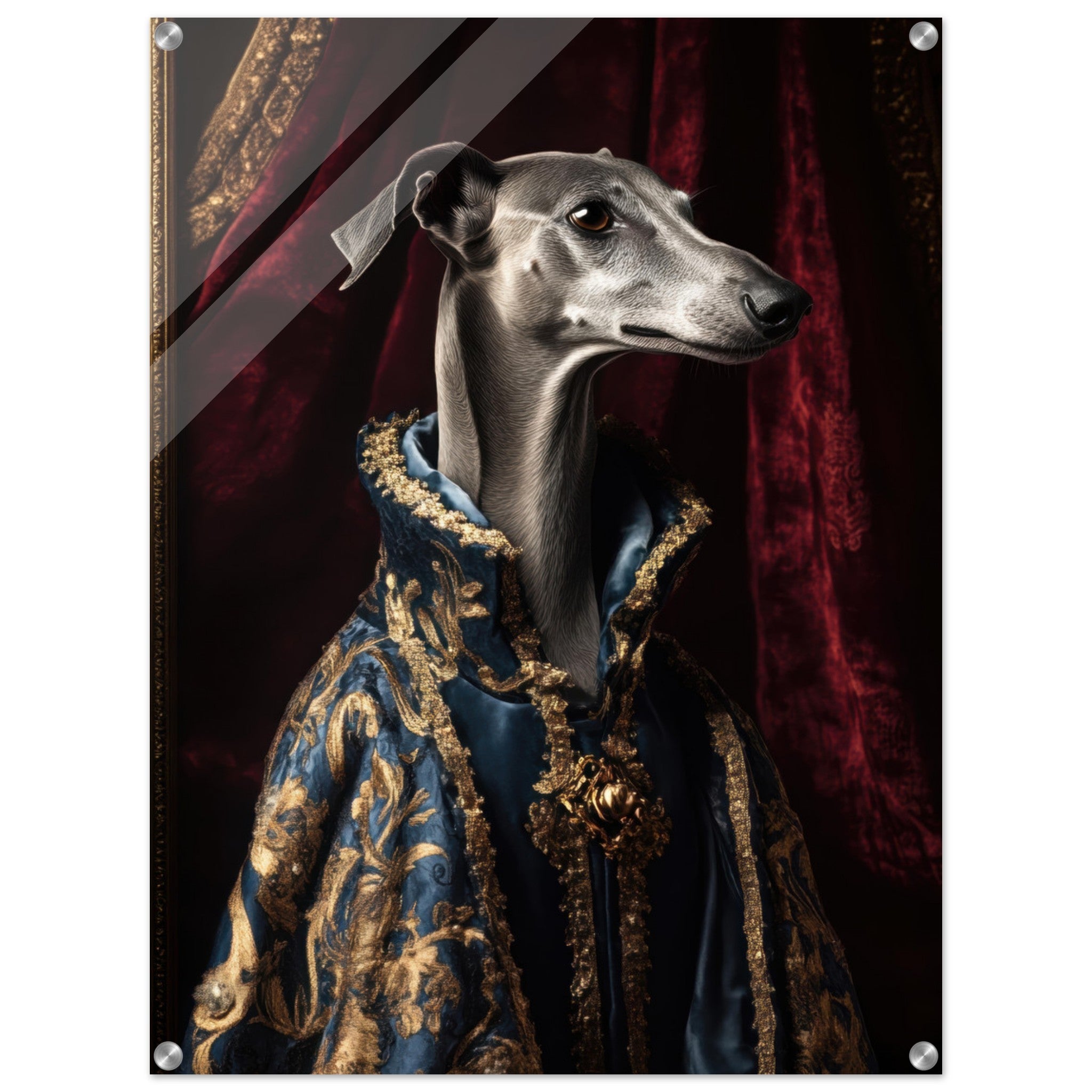 Acrylic Print Portrait - Elegant Baroque Greyhound Portrait A sleek grey 2 - Ai Art Force