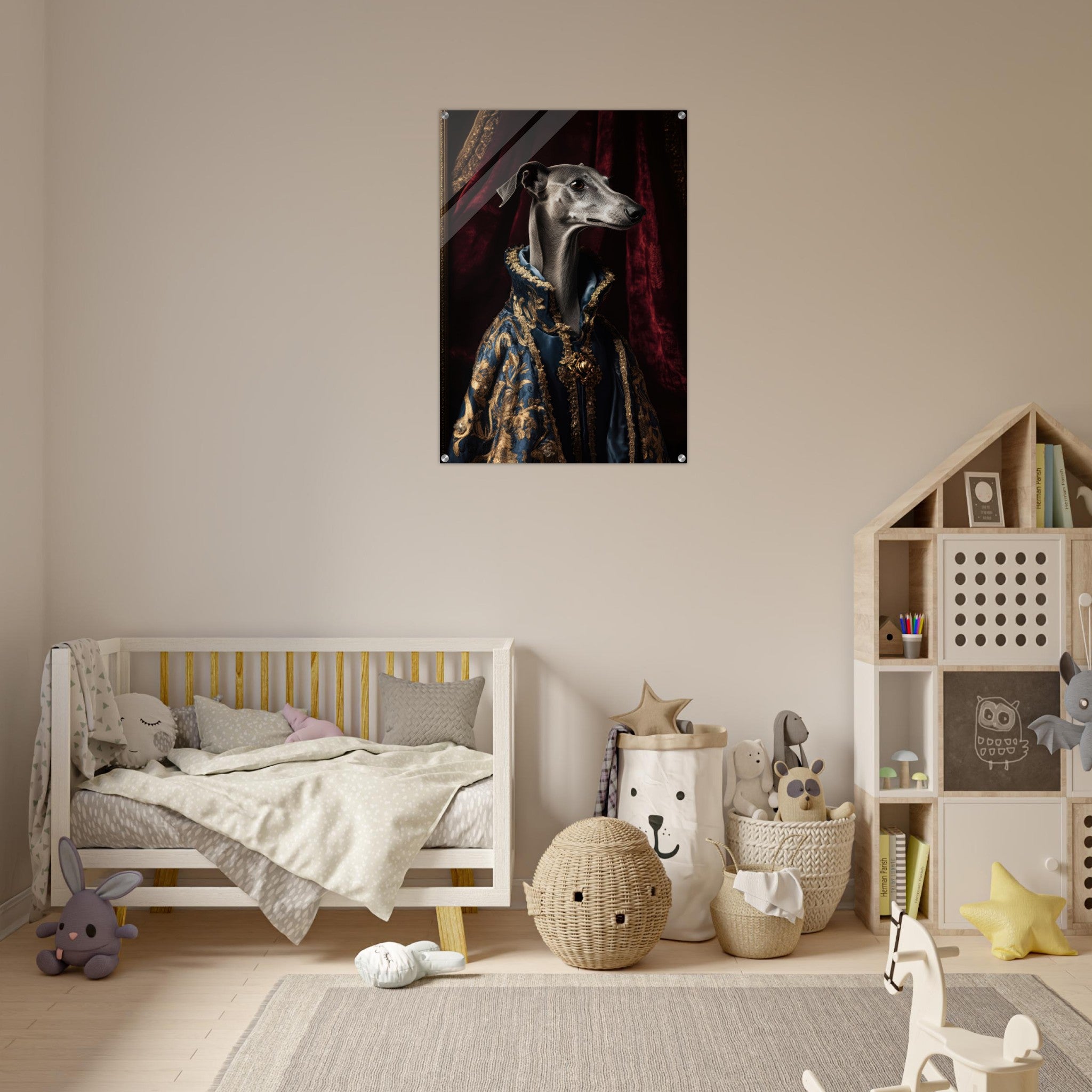 Acrylic Print Portrait - Elegant Baroque Greyhound Portrait A sleek grey 2 - Ai Art Force