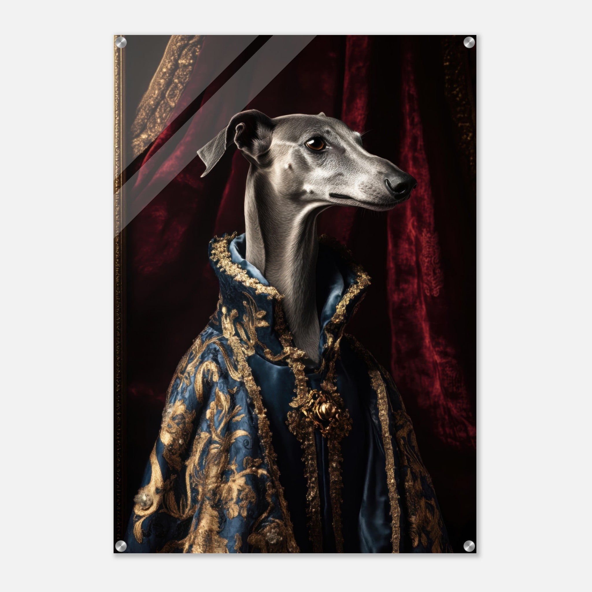Acrylic Print Portrait - Elegant Baroque Greyhound Portrait A sleek grey 2 - Ai Art Force