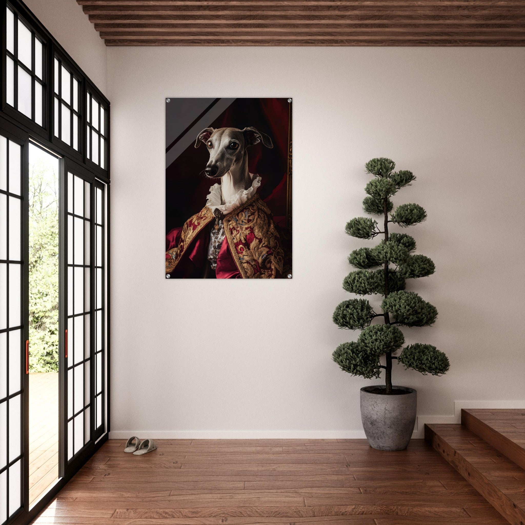 Acrylic Print Portrait - Elegant Baroque Greyhound Portrait A sleek grey 3 - Ai Art Force