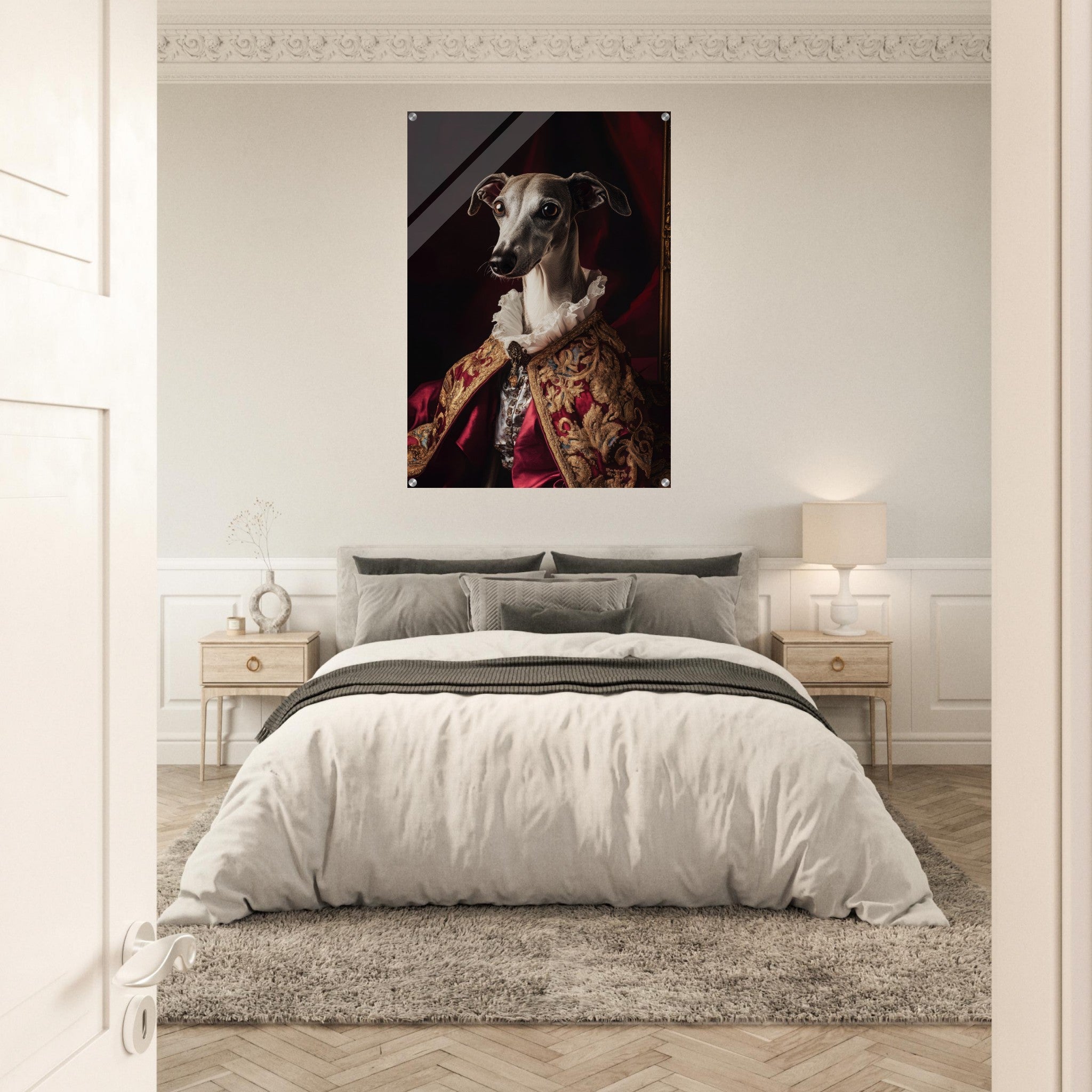 Acrylic Print Portrait - Elegant Baroque Greyhound Portrait A sleek grey 3 - Ai Art Force