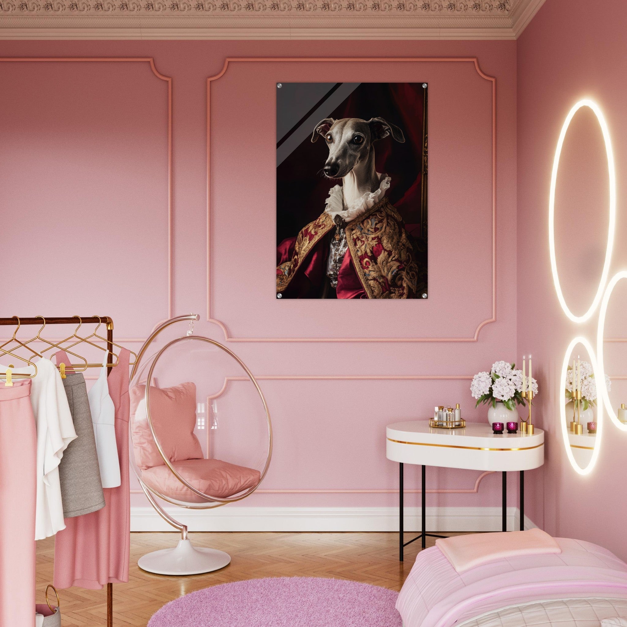 Acrylic Print Portrait - Elegant Baroque Greyhound Portrait A sleek grey 3 - Ai Art Force