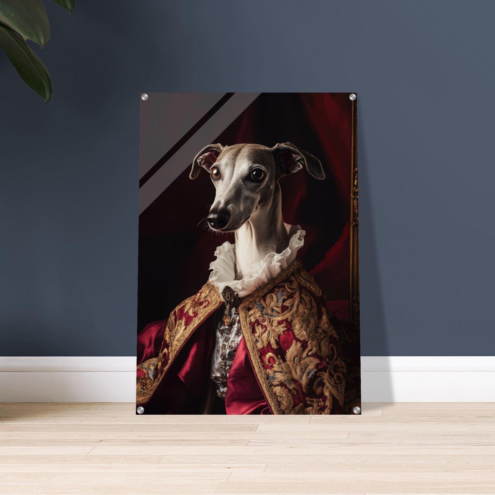 Acrylic Print Portrait - Elegant Baroque Greyhound Portrait A sleek grey 3 - Ai Art Force