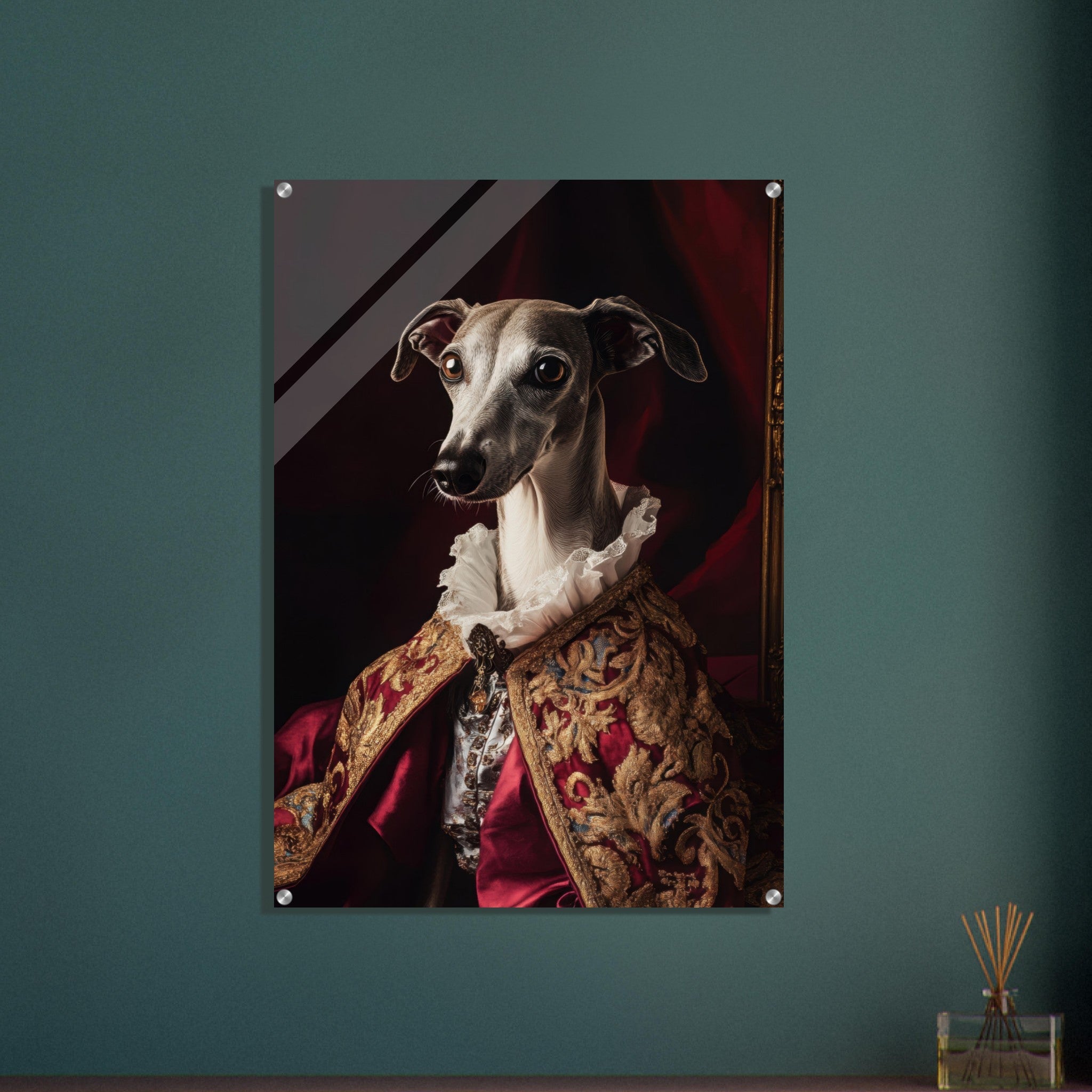 Acrylic Print Portrait - Elegant Baroque Greyhound Portrait A sleek grey 3 - Ai Art Force