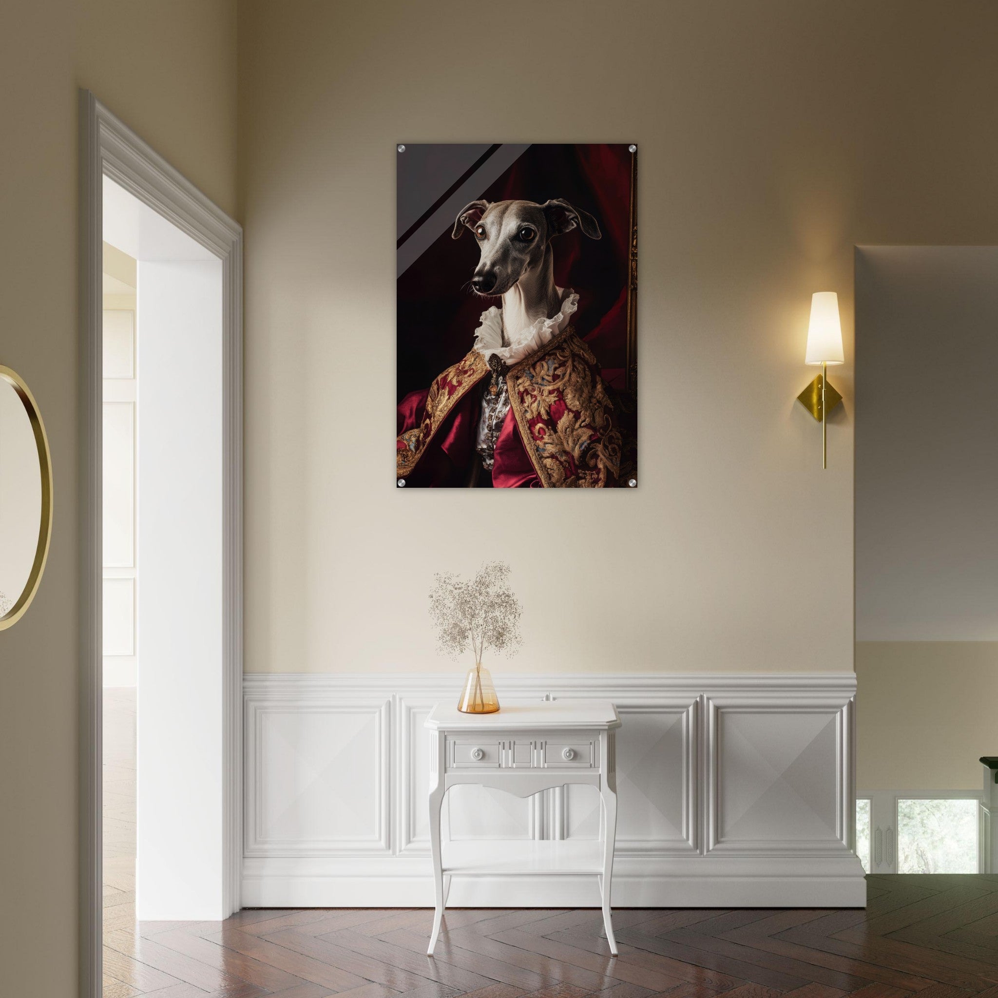 Acrylic Print Portrait - Elegant Baroque Greyhound Portrait A sleek grey 3 - Ai Art Force