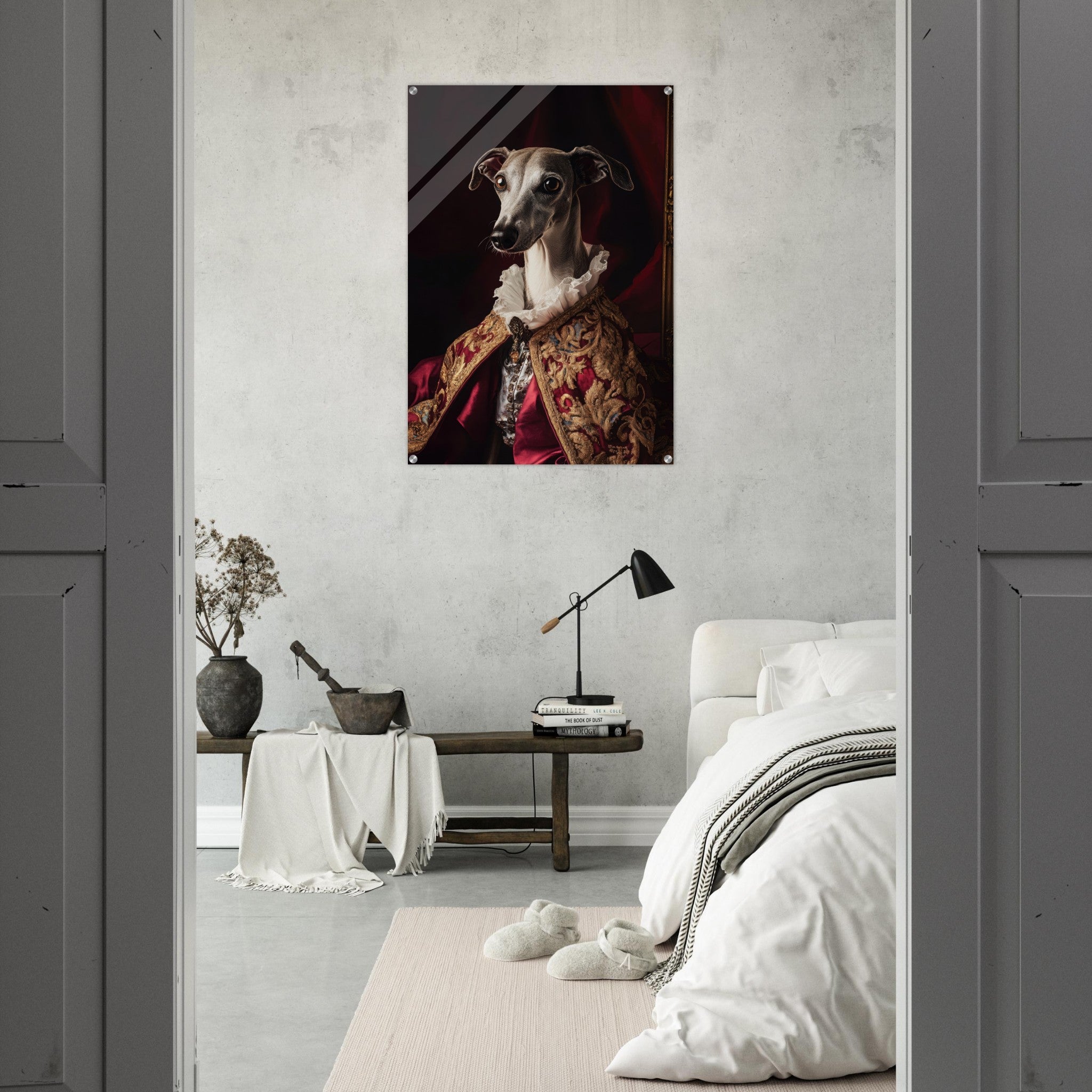 Acrylic Print Portrait - Elegant Baroque Greyhound Portrait A sleek grey 3 - Ai Art Force