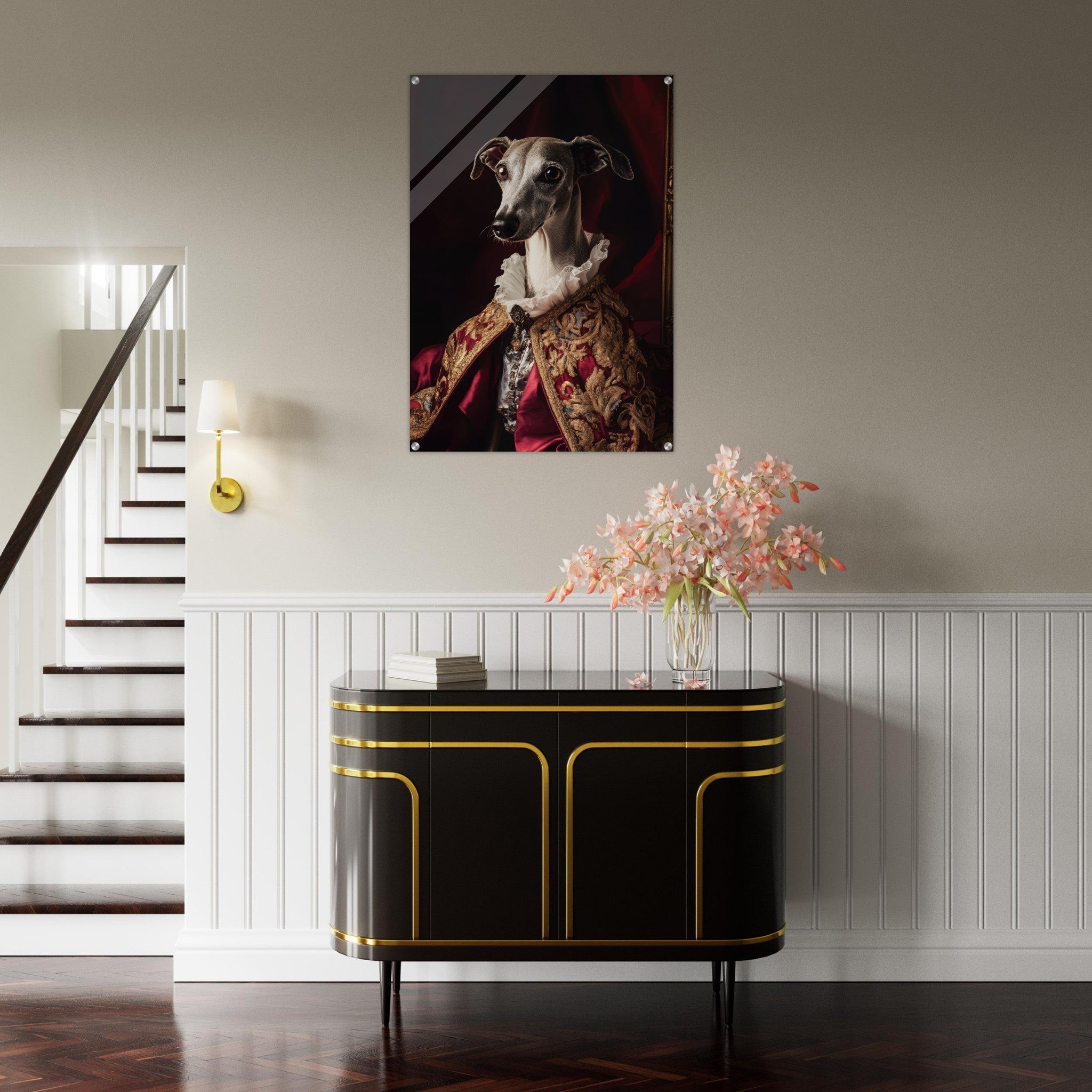 Acrylic Print Portrait - Elegant Baroque Greyhound Portrait A sleek grey 3 - Ai Art Force