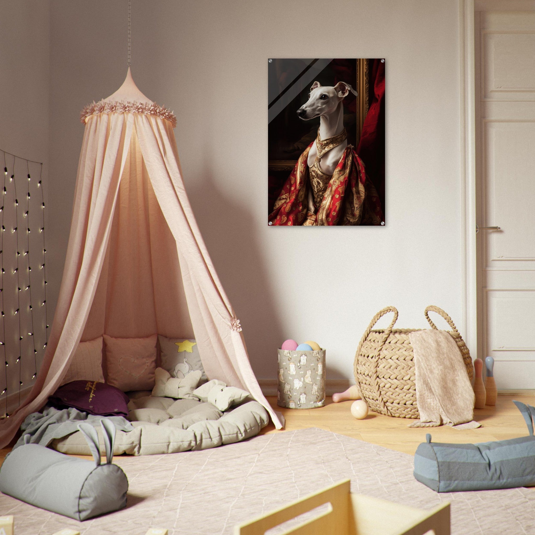 Acrylic Print Portrait - Elegant Baroque Greyhound Portrait A sleek grey - Shop Ai Art WebShop - Digital Art online Store