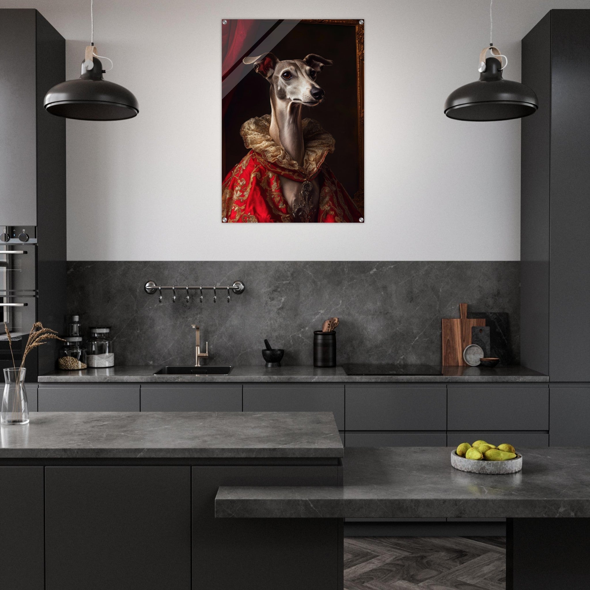 Acrylic Print Portrait - Elegant Baroque Greyhound Portrait A sleek grey 5 - Ai Art Force