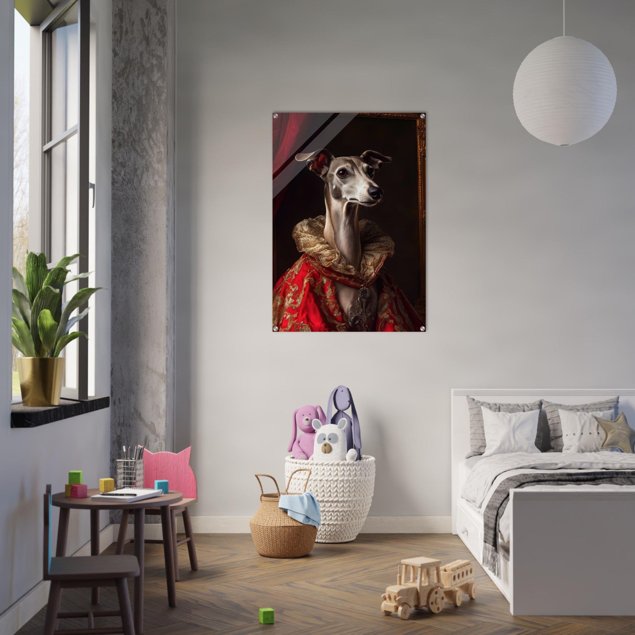 Acrylic Print Portrait - Elegant Baroque Greyhound Portrait A sleek grey 5 - Ai Art Force