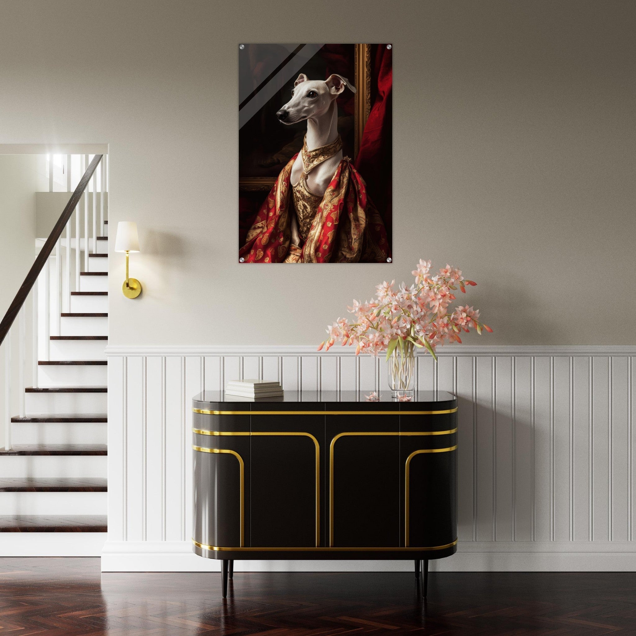 Acrylic Print Portrait - Elegant Baroque Greyhound Portrait A sleek grey - Shop Ai Art WebShop - Digital Art online Store