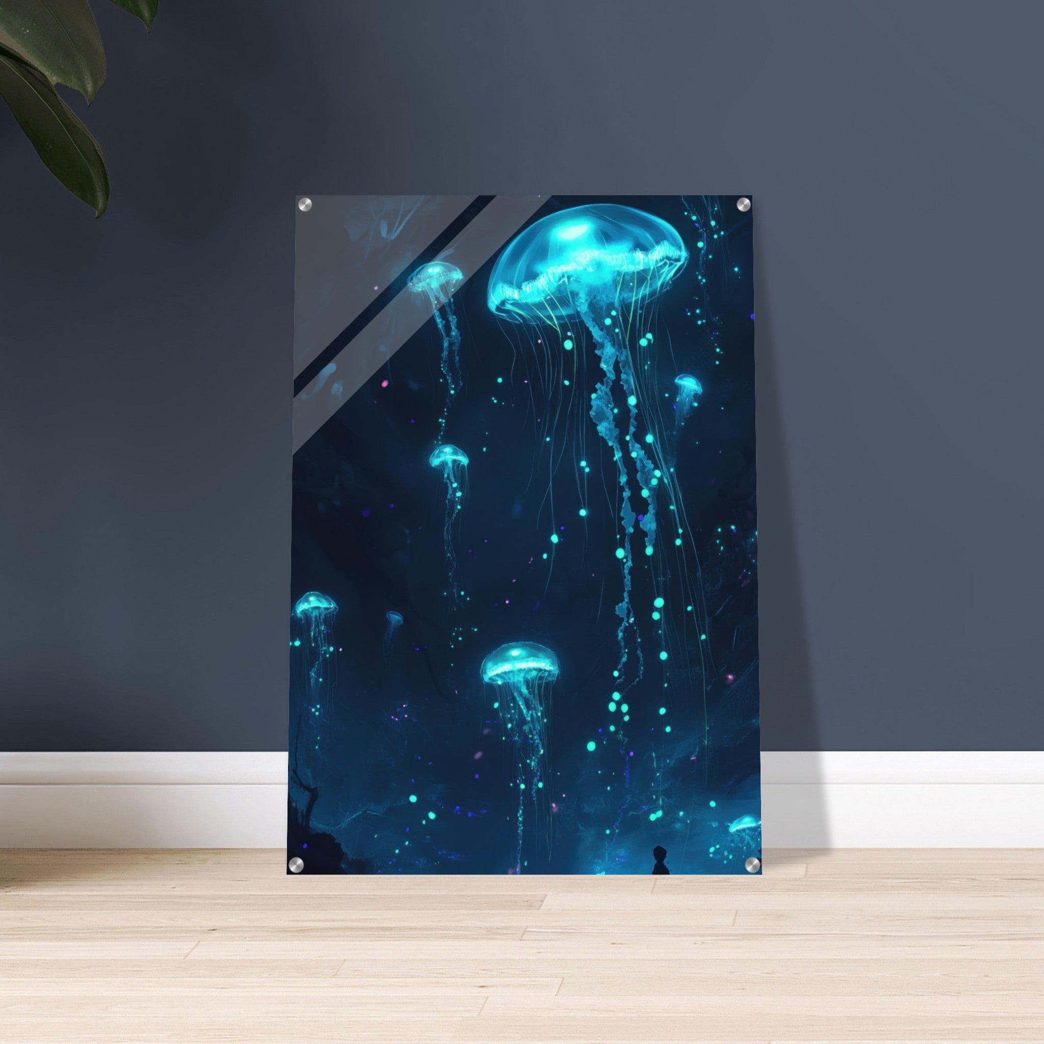 Acrylic Print Portrait - Glowing Bioluminescent Jellyfish in the Deep Tea - Ai Art Force