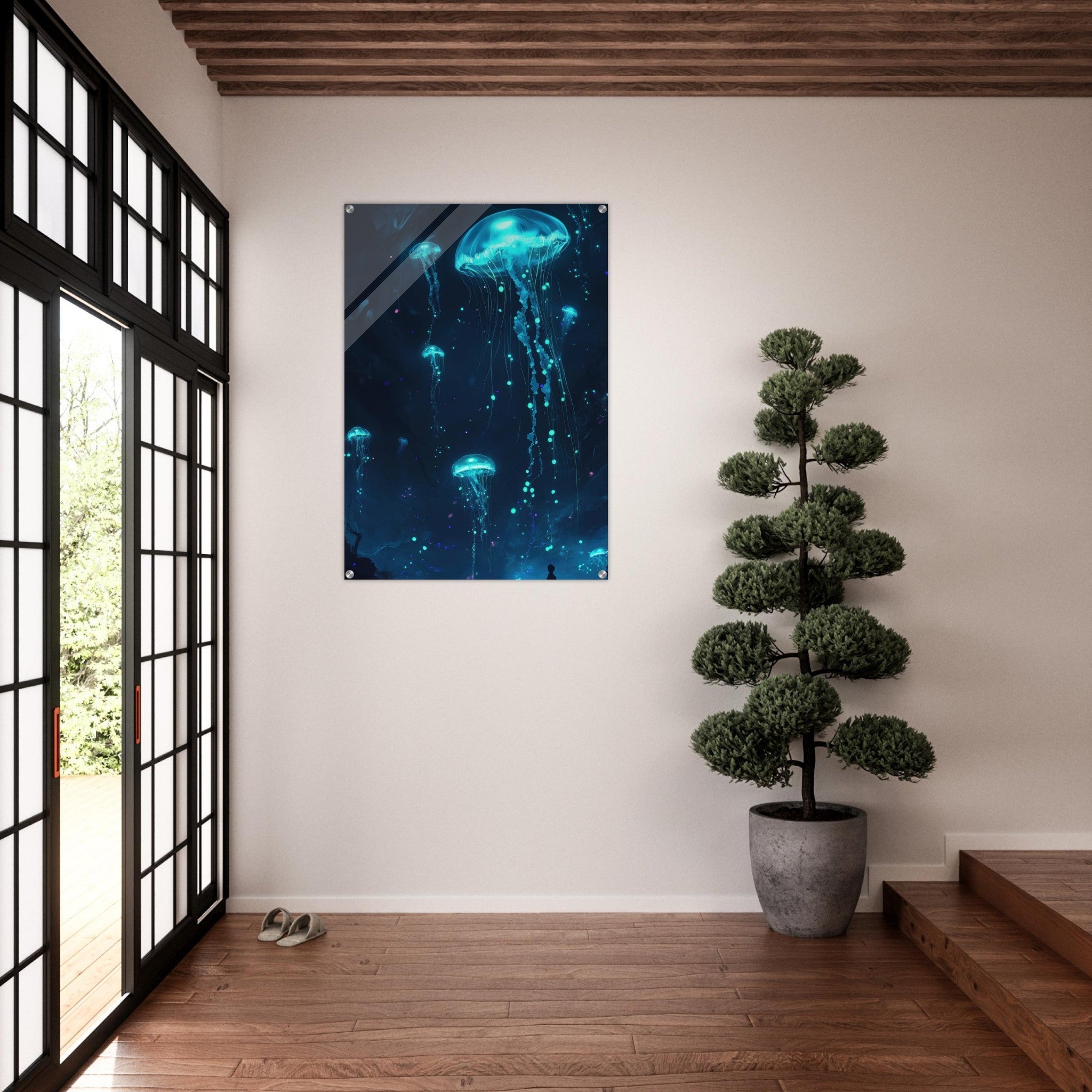 Acrylic Print Portrait - Glowing Bioluminescent Jellyfish in the Deep Tea - Ai Art Force