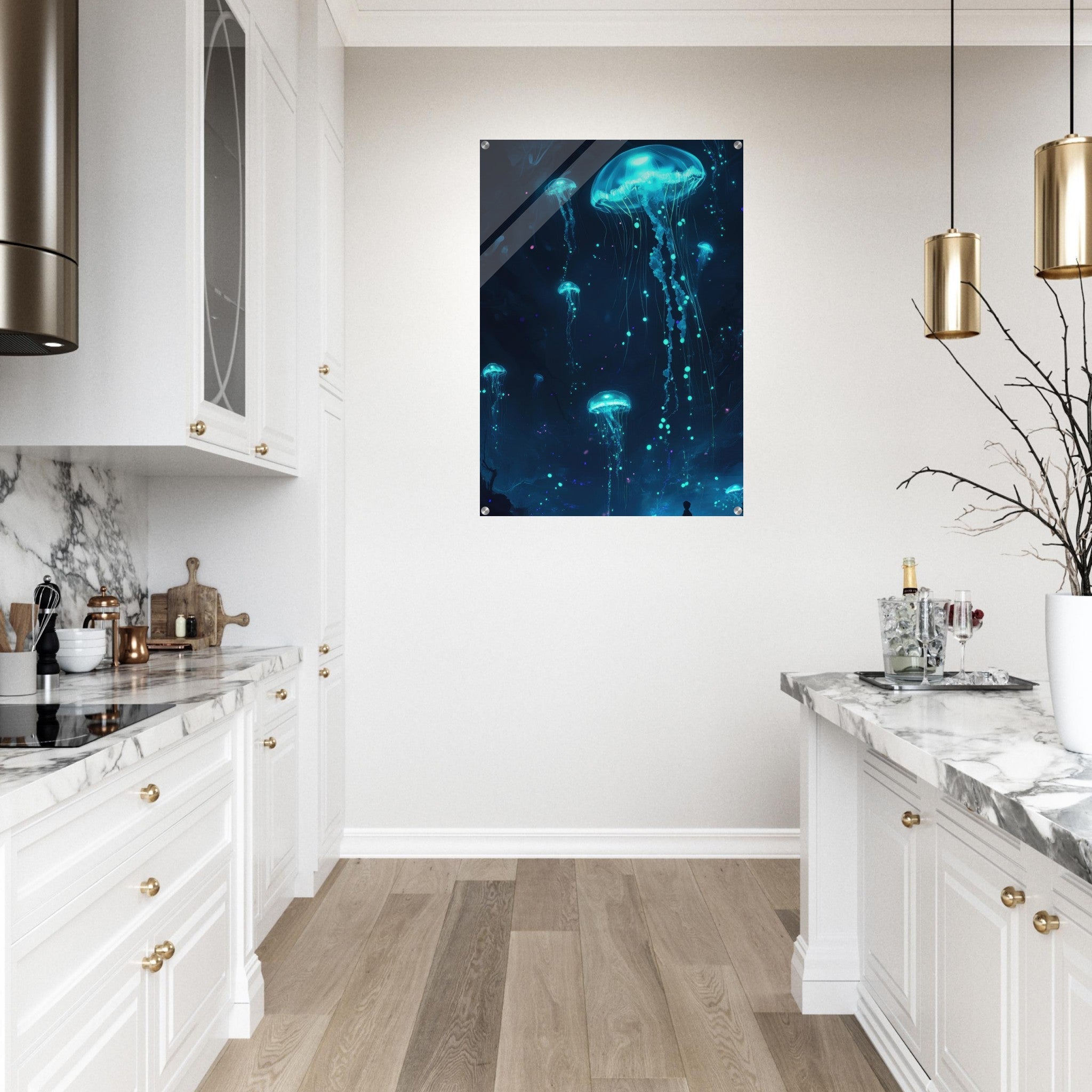 Acrylic Print Portrait - Glowing Bioluminescent Jellyfish in the Deep Tea - Ai Art Force