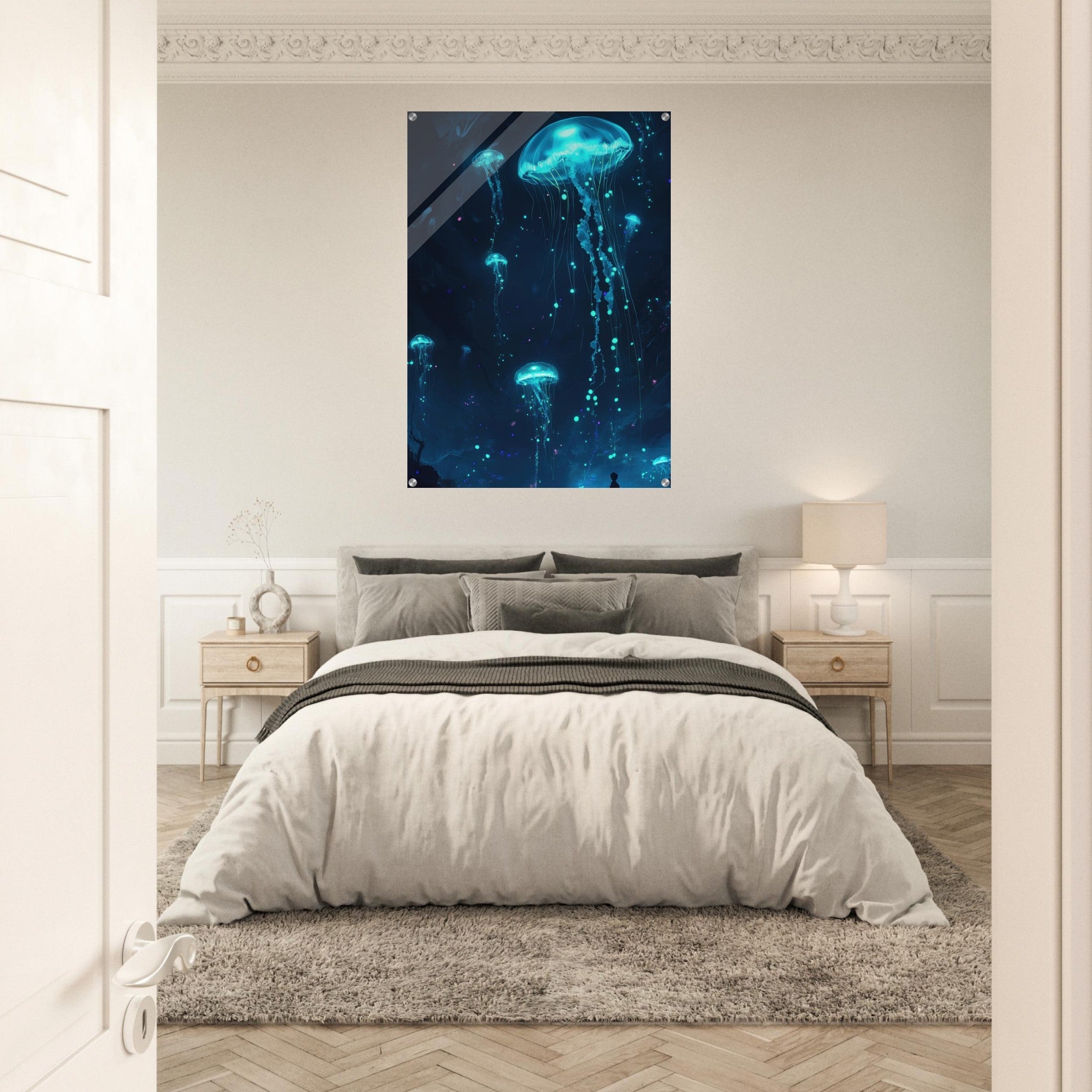 Acrylic Print Portrait - Glowing Bioluminescent Jellyfish in the Deep Tea - Ai Art Force