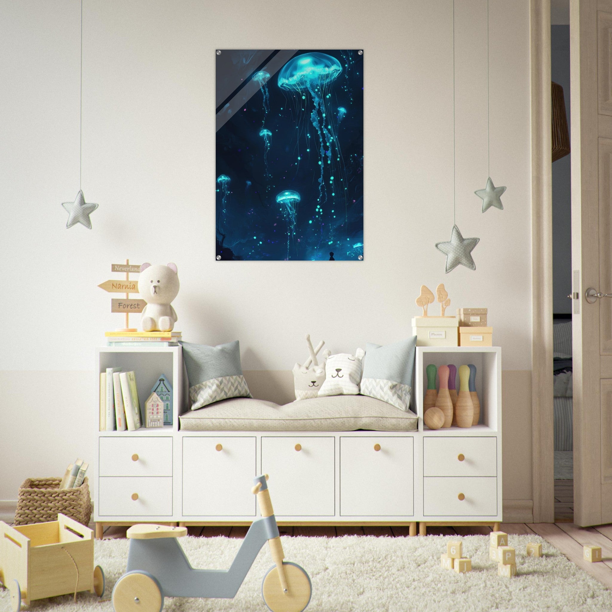 Acrylic Print Portrait - Glowing Bioluminescent Jellyfish in the Deep Tea - Ai Art Force