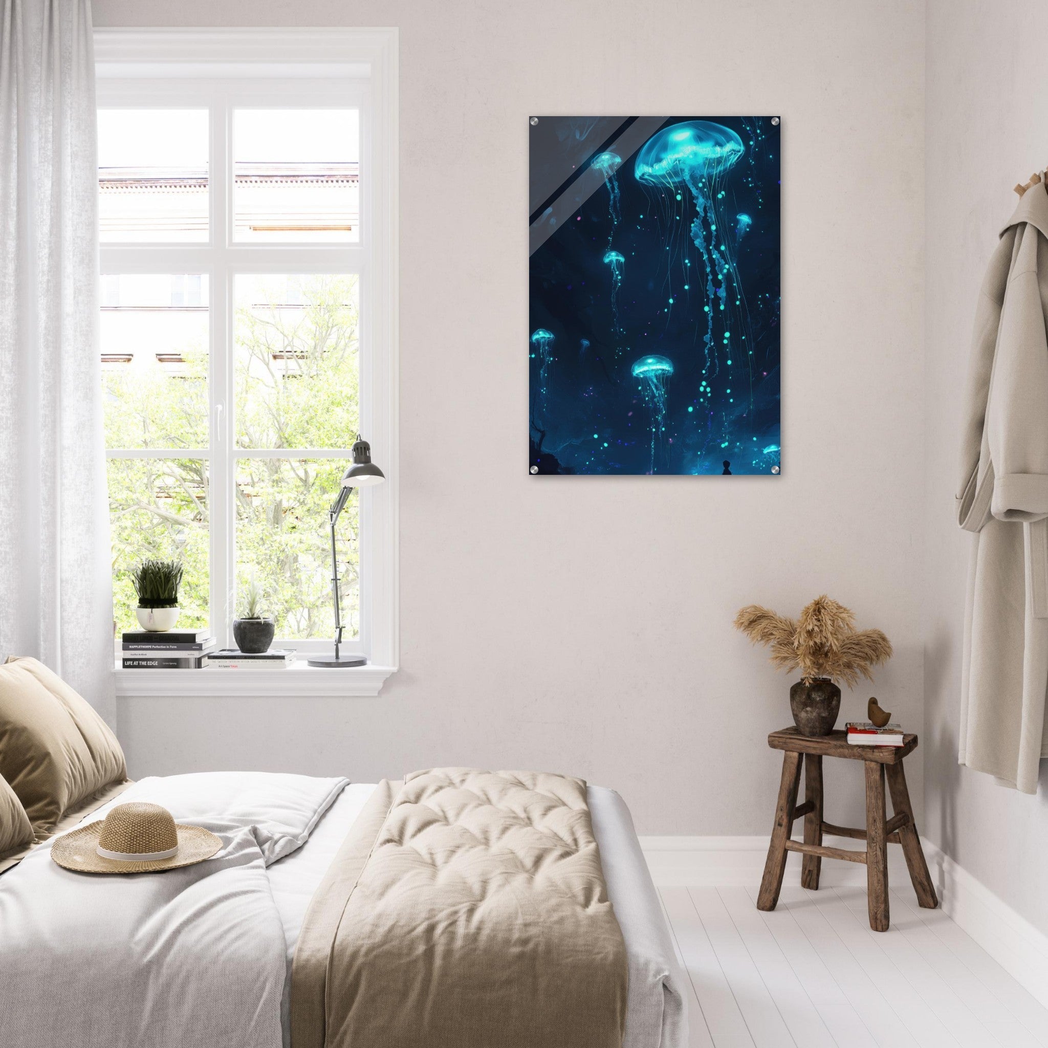 Acrylic Print Portrait - Glowing Bioluminescent Jellyfish in the Deep Tea - Ai Art Force