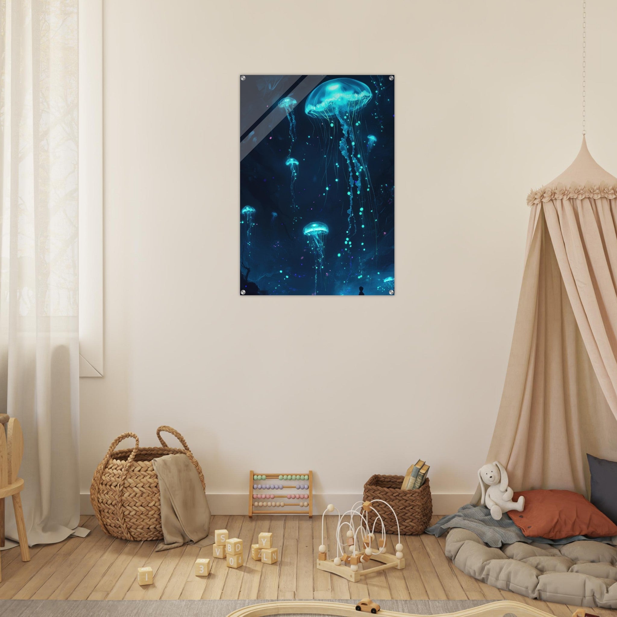 Acrylic Print Portrait - Glowing Bioluminescent Jellyfish in the Deep Tea - Ai Art Force