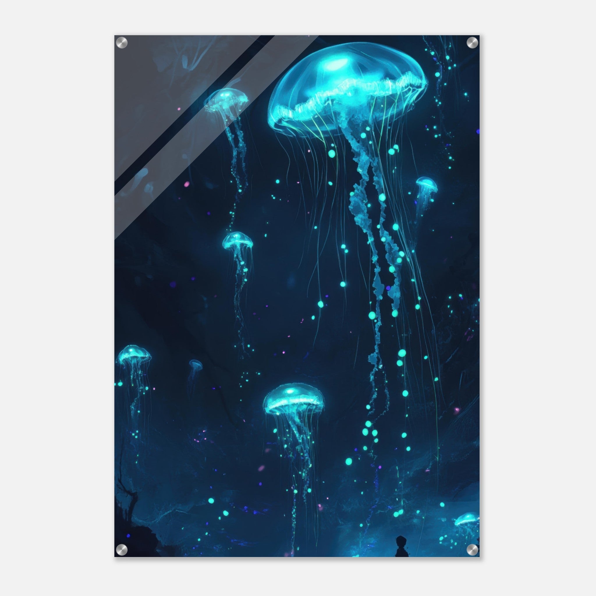 Acrylic Print Portrait - Glowing Bioluminescent Jellyfish in the Deep Tea - Ai Art Force