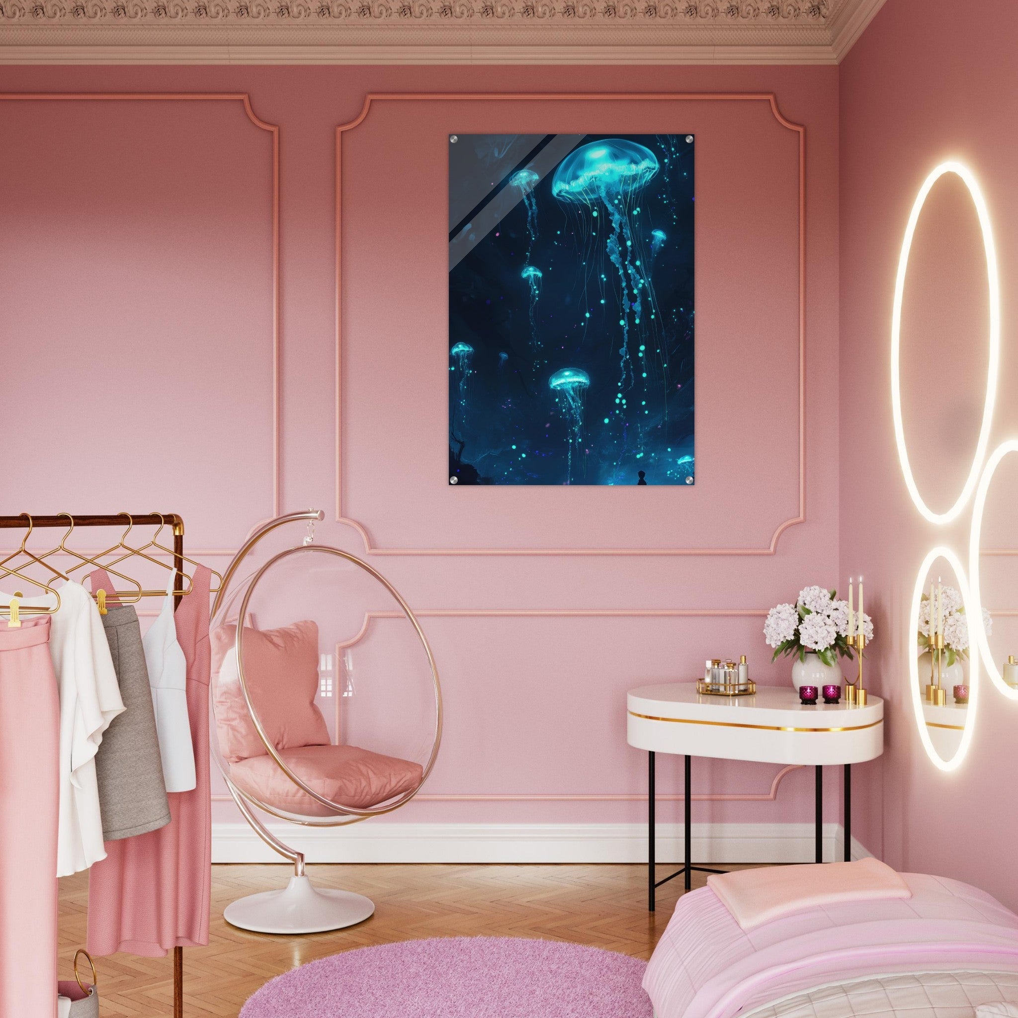 Acrylic Print Portrait - Glowing Bioluminescent Jellyfish in the Deep Tea - Ai Art Force