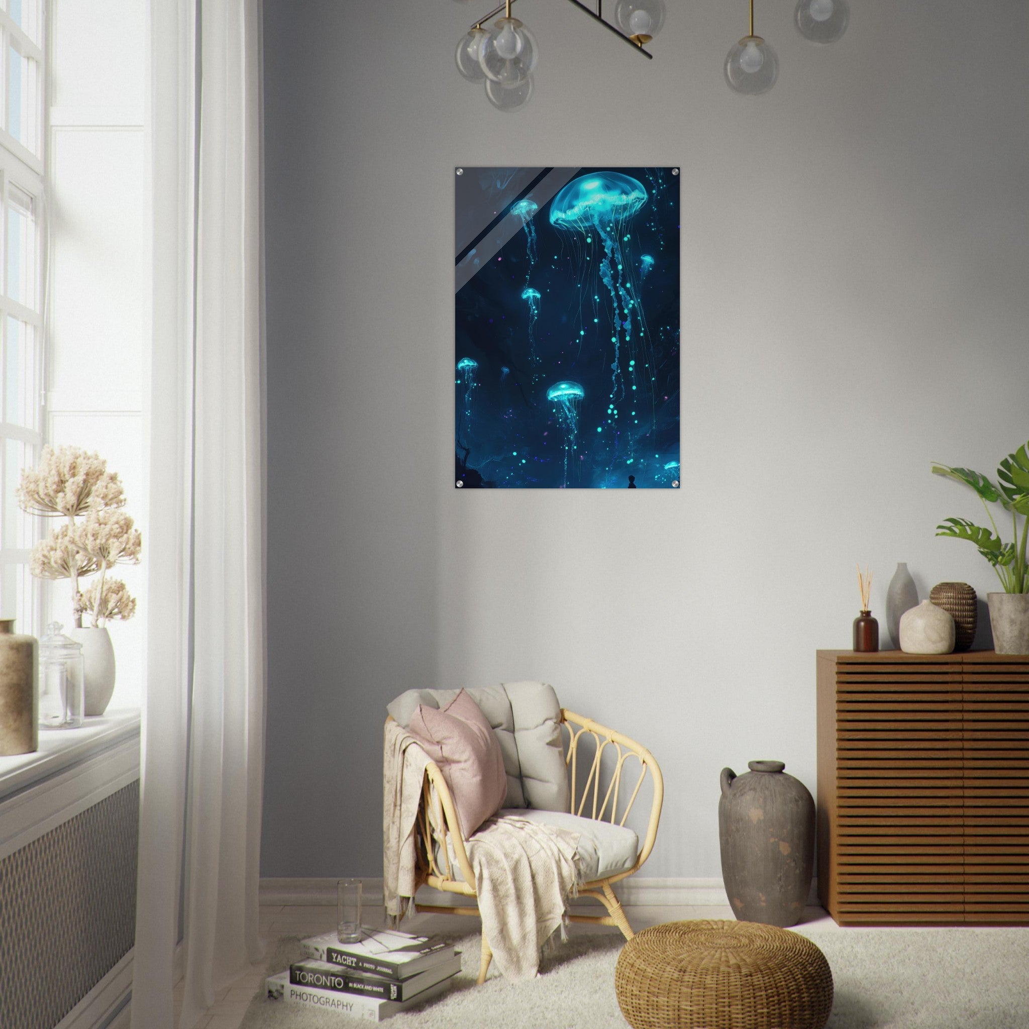 Acrylic Print Portrait - Glowing Bioluminescent Jellyfish in the Deep Tea - Ai Art Force