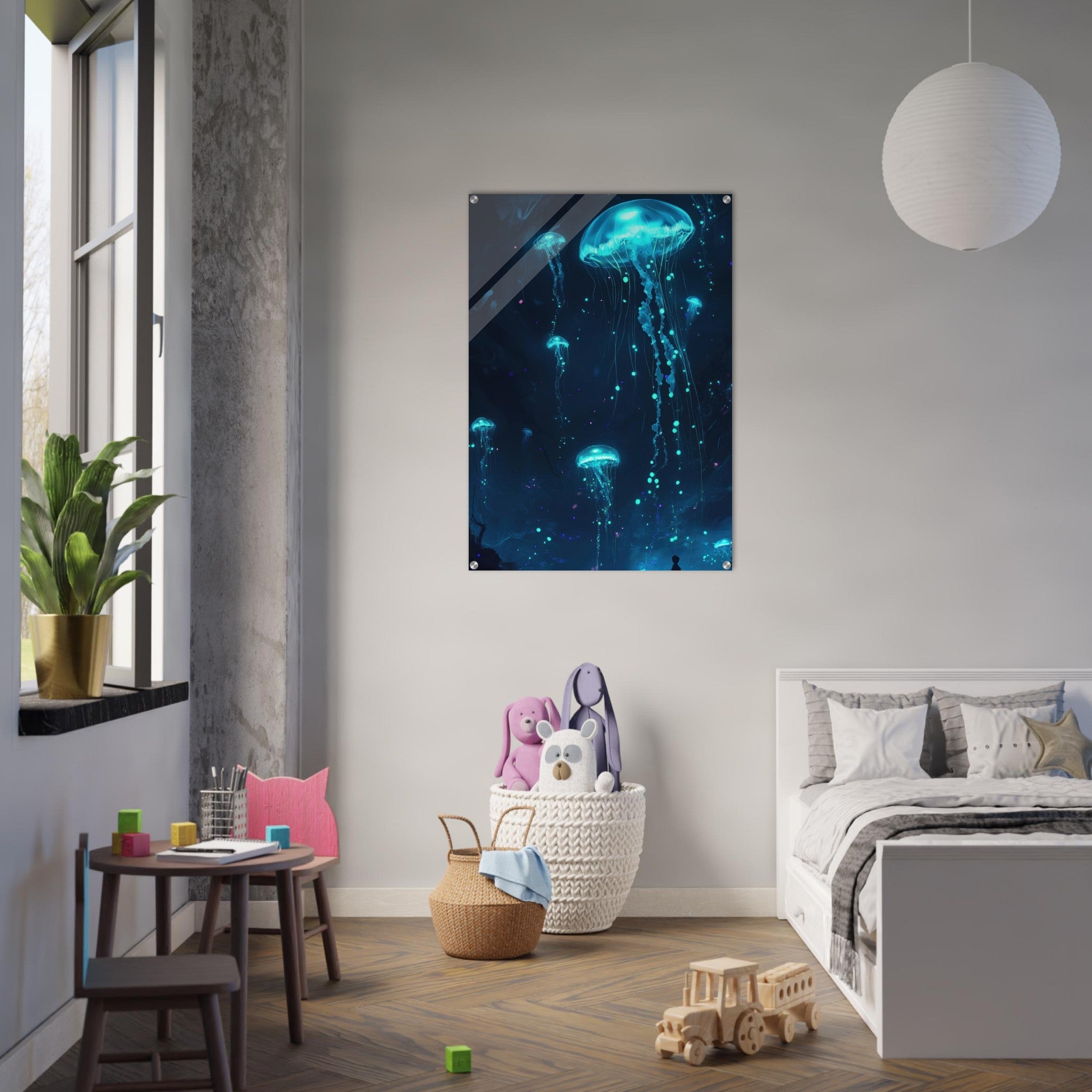 Acrylic Print Portrait - Glowing Bioluminescent Jellyfish in the Deep Tea - Ai Art Force