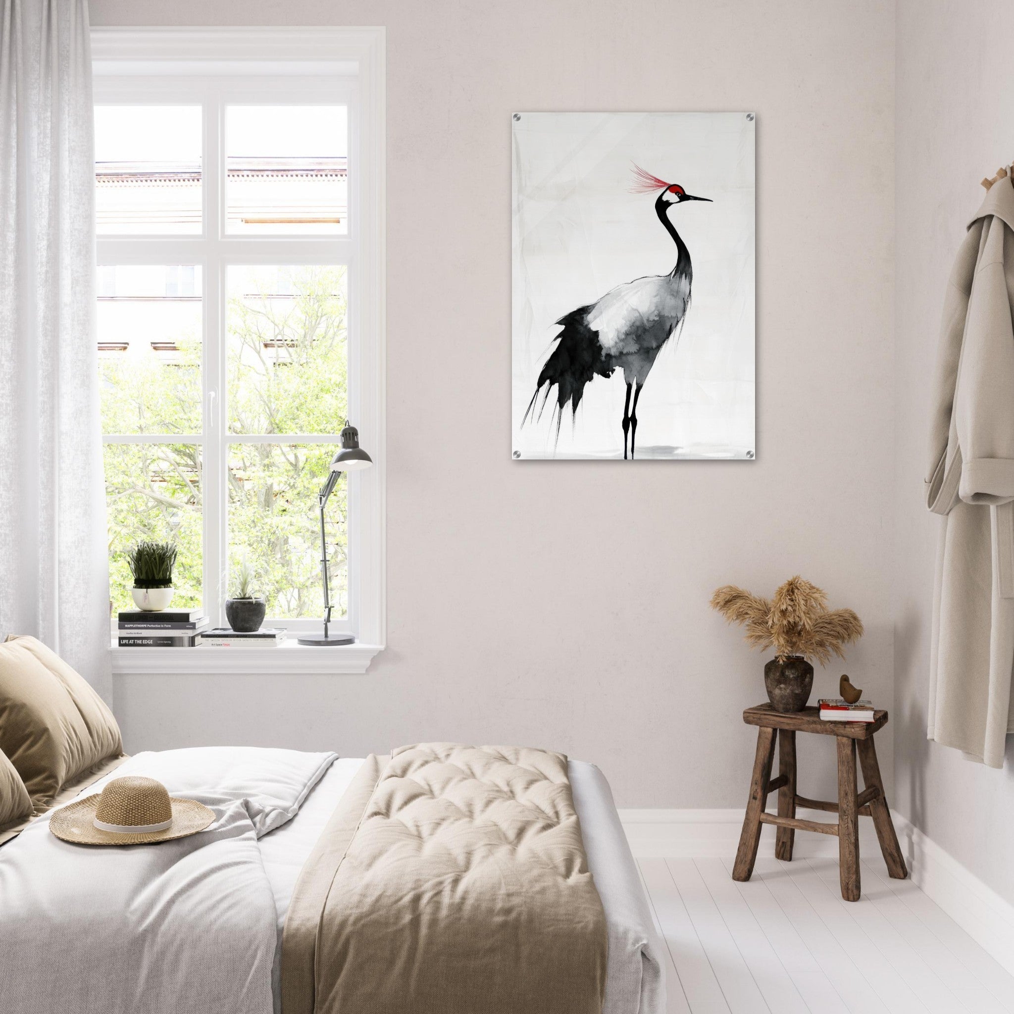 Acrylic Print Portrait - Japanese Ink Wash Painting of a Crane A graceful 2 - Shop Ai Art WebShop - Digital Art online Store